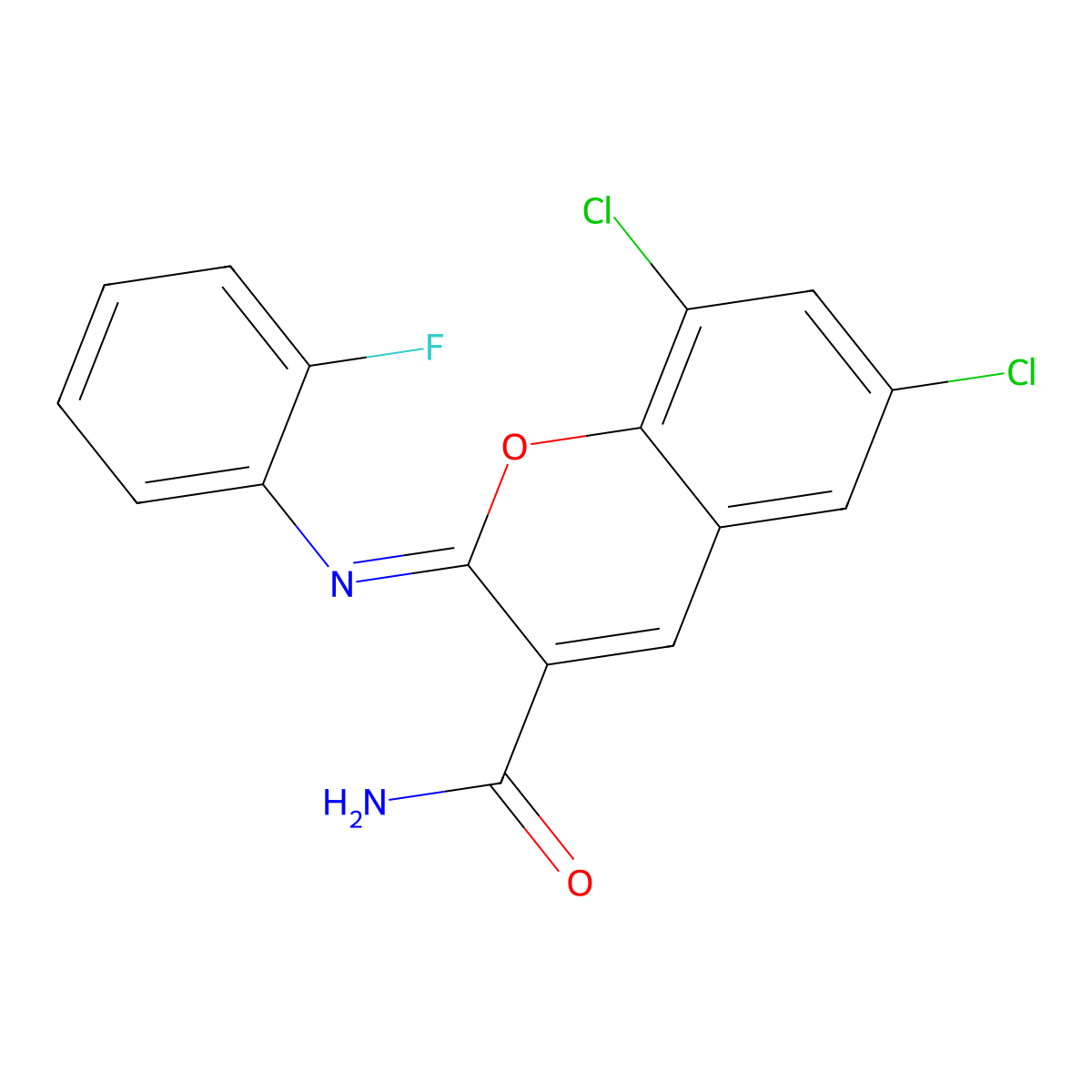 (2Z)-6,8-dichloro-2-[(2-fluorophenyl)imino]-2H-chromene-3-carboxamide molecular structure, CAS 325857-20-3