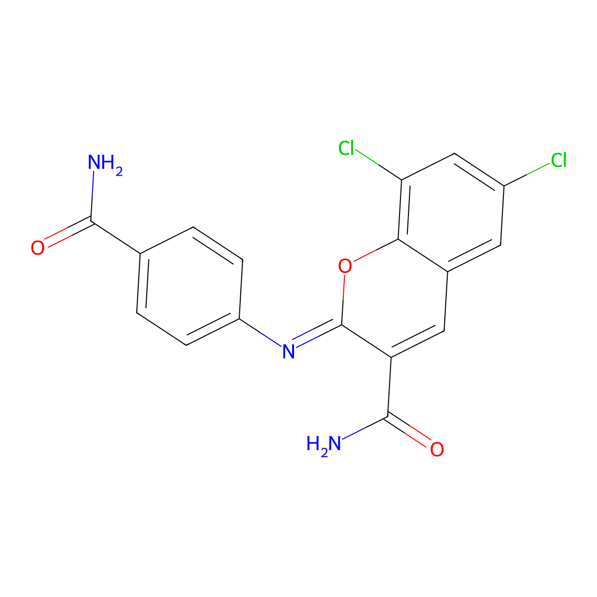 (Z)-2-((4-carbamoylphenyl)imino)-6,8-dichloro-2H-chromene-3-carboxamide molecular structure, CAS 325857-21-4