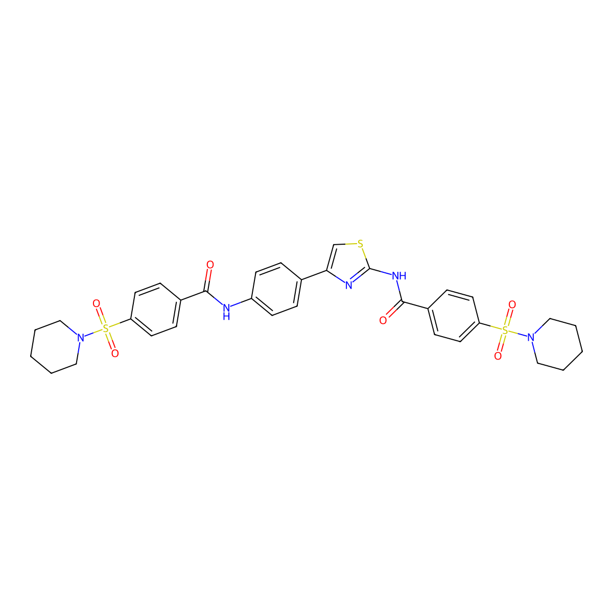 4-(piperidin-1-ylsulfonyl)-N-(4-(4-(4-(piperidin-1-ylsulfonyl)benzamido)phenyl)thiazol-2-yl)benzamide molecular structure, CAS 325986-49-0