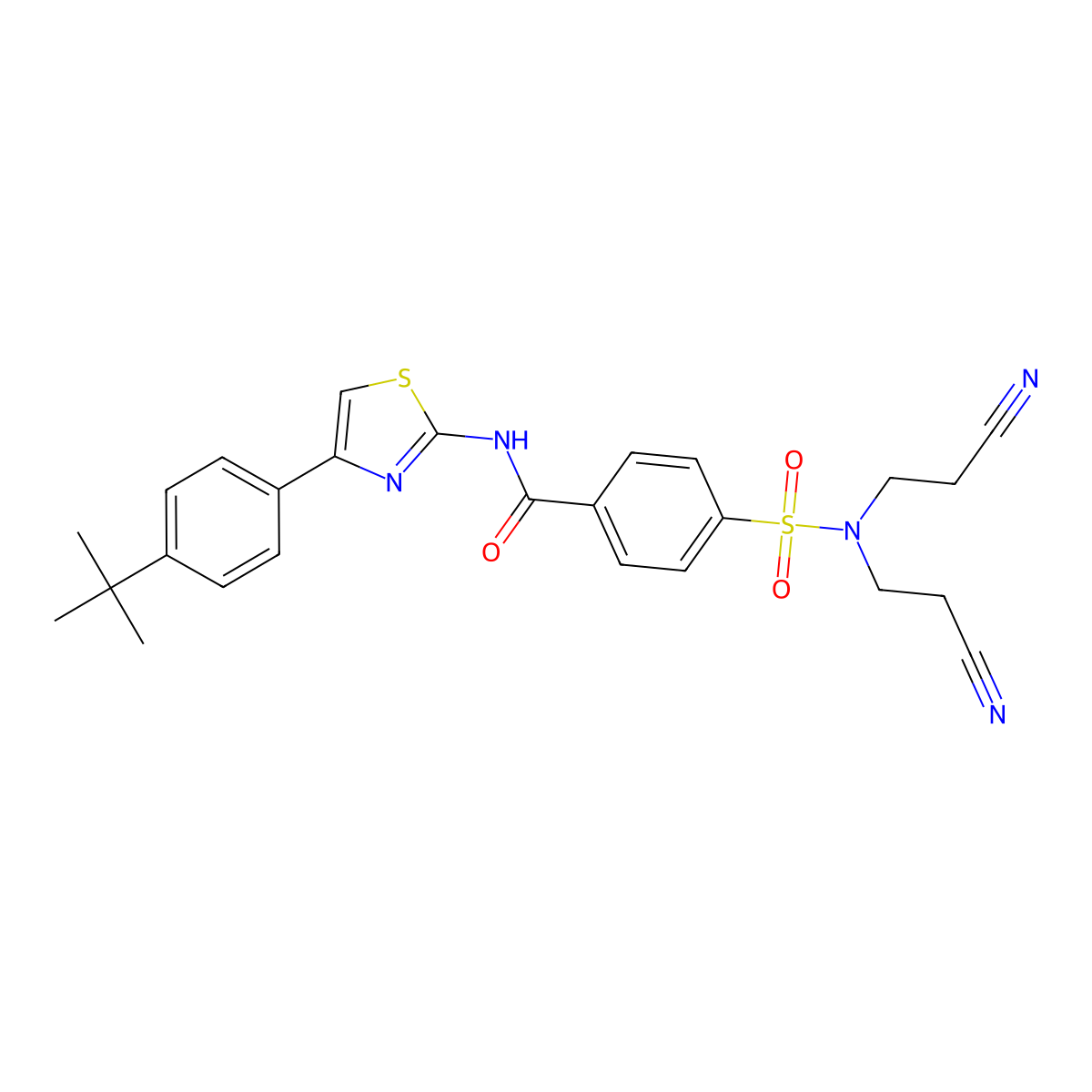 4-[bis(2-cyanoethyl)sulfamoyl]-N-[4-(4-tert-butylphenyl)-1,3-thiazol-2-yl]benzamide molecular structure, CAS 325988-37-2
