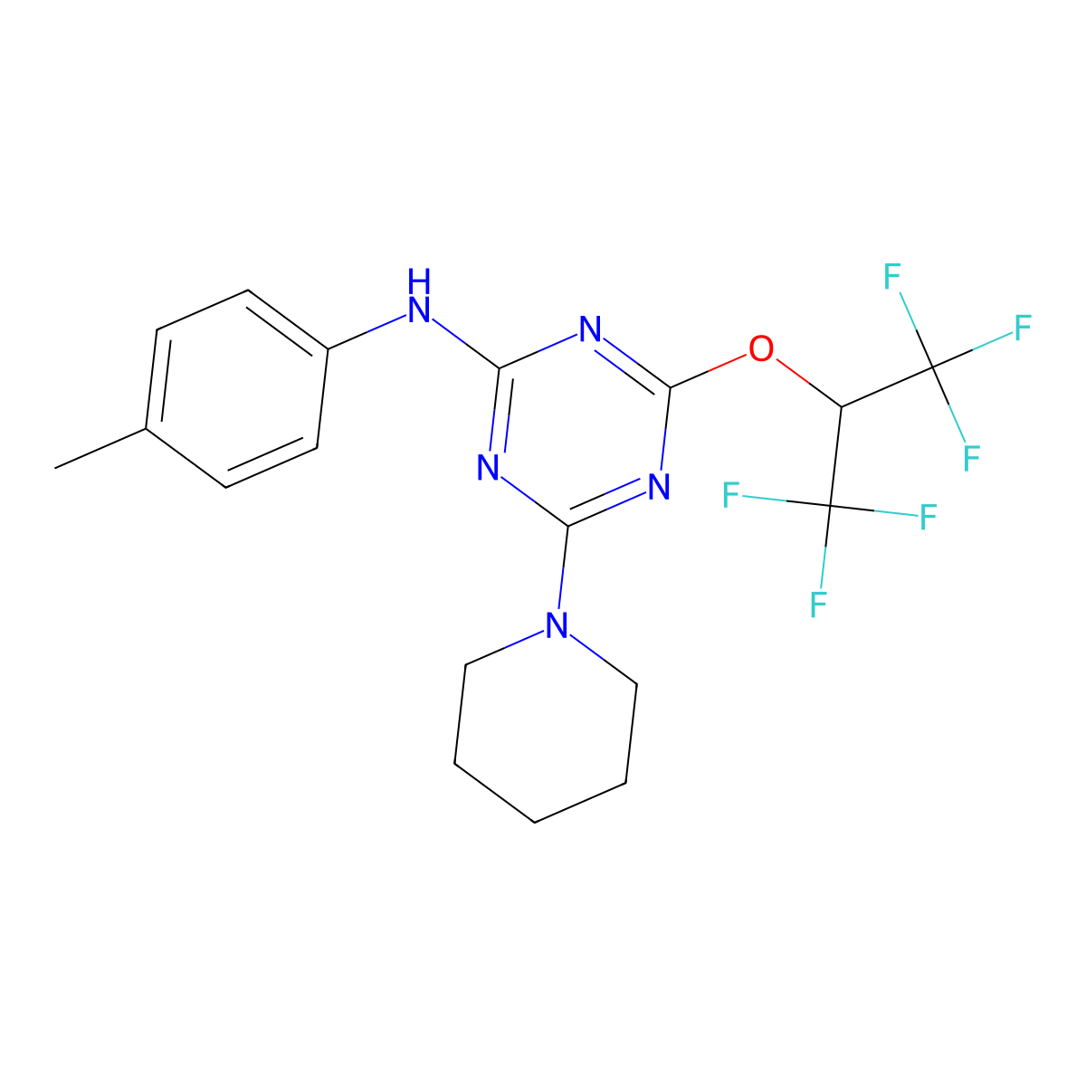 4-[(1,1,1,3,3,3-hexafluoropropan-2-yl)oxy]-N-(4-methylphenyl)-6-(piperidin-1-yl)-1,3,5-triazin-2-amine molecular structure, CAS 325989-80-8