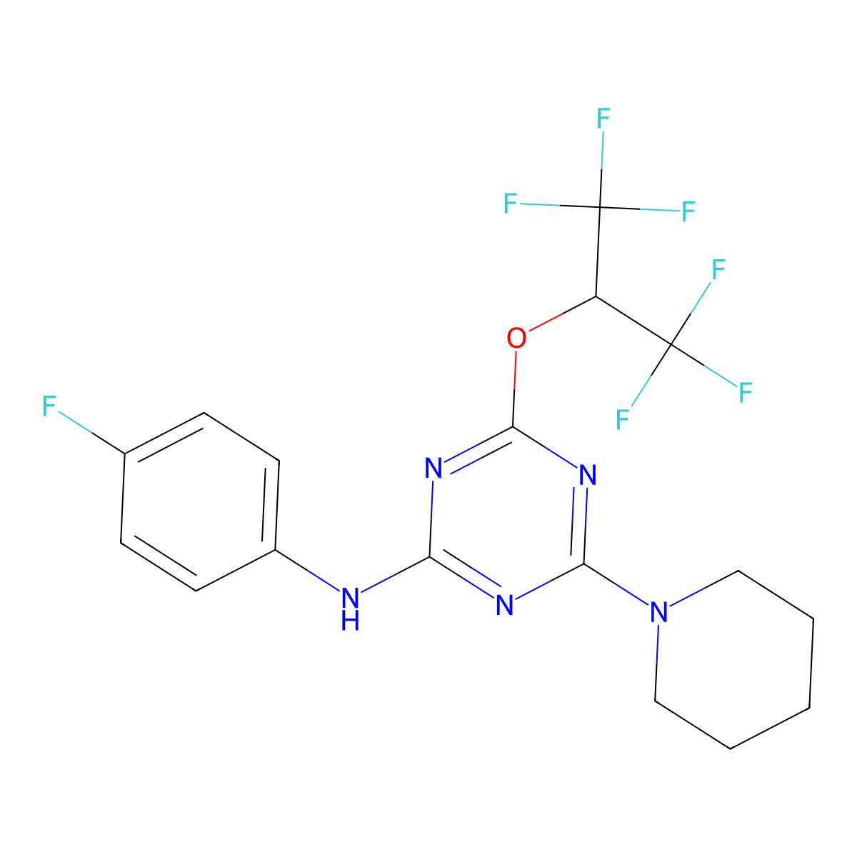 N-(4-fluorophenyl)-4-[(1,1,1,3,3,3-hexafluoropropan-2-yl)oxy]-6-(piperidin-1-yl)-1,3,5-triazin-2-amine molecular structure, CAS 325989-81-9