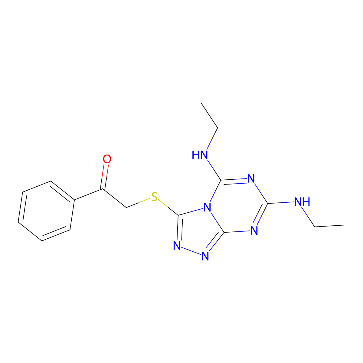 2-((5,7-Bis(ethylamino)-[1,2,4]triazolo[4,3-a][1,3,5]triazin-3-yl)thio)-1-phenylethanone molecular structure, CAS 325995-39-9