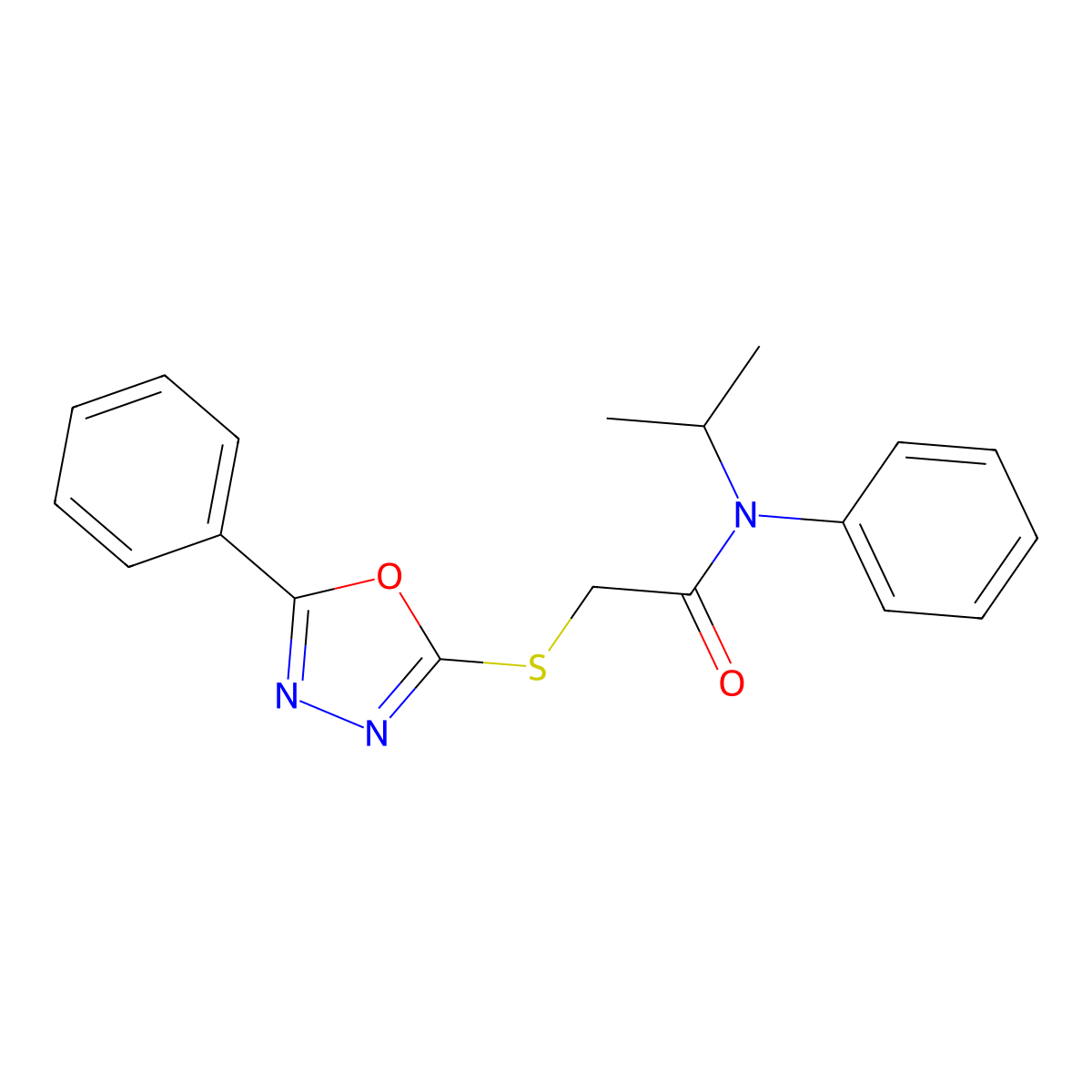 N-isopropyl-N-phenyl-2-((5-phenyl-1,3,4-oxadiazol-2-yl)thio)acetamide molecular structure, CAS 326004-35-7
