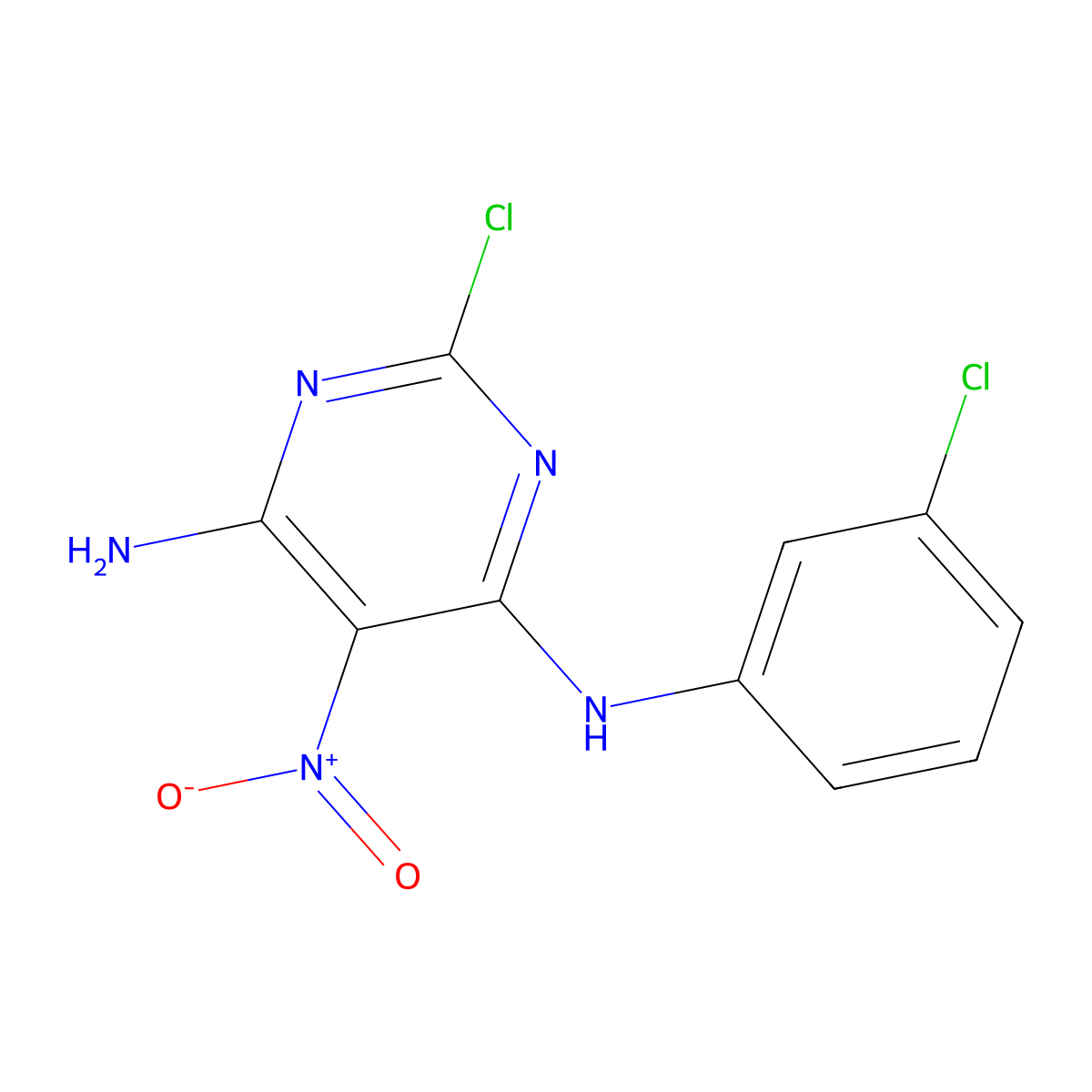 2-chloro-N-(3-chlorophenyl)-5-nitropyrimidine-4,6-diamine molecular structure, CAS 326007-11-8