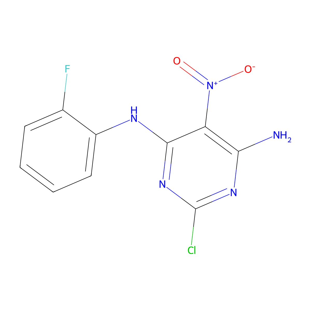 2-chloro-N4-(2-fluorophenyl)-5-nitropyrimidine-4,6-diamine molecular structure, CAS 326007-12-9