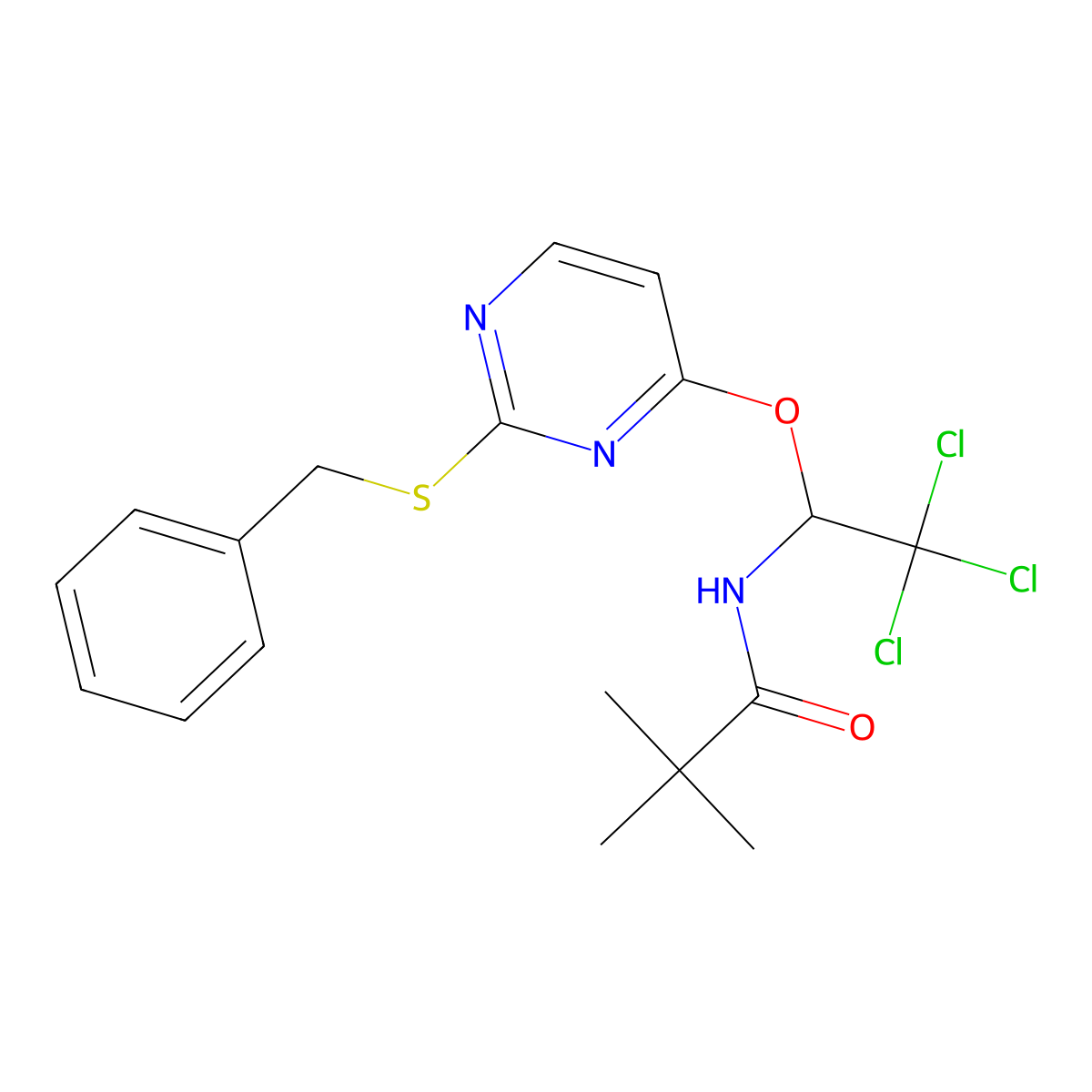 N-[1-(2-benzylsulfanylpyrimidin-4-yl)oxy-2,2,2-trichloroethyl]-2,2-dimethylpropanamide molecular structure, CAS 326007-13-0