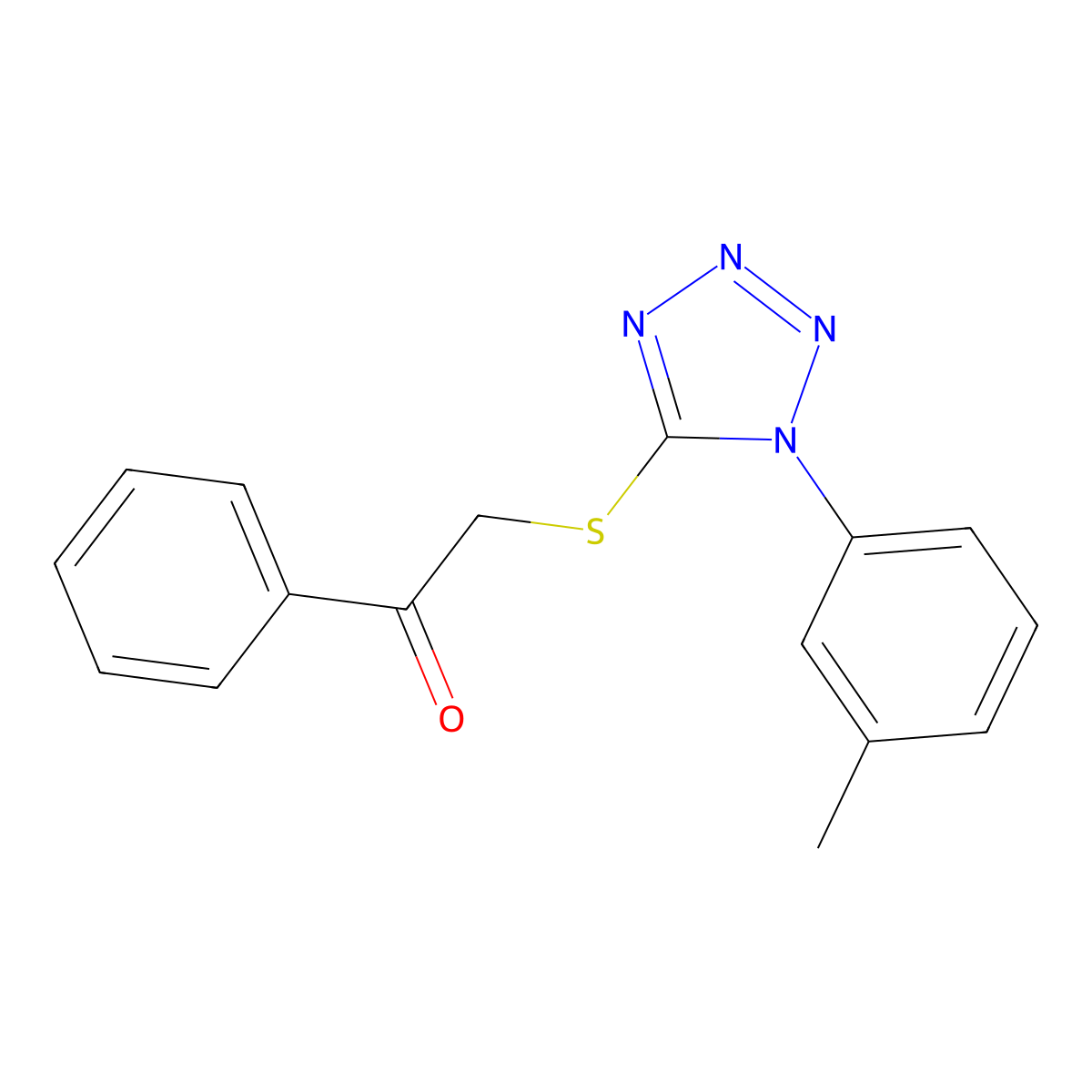1-phenyl-2-((1-(m-tolyl)-1H-tetrazol-5-yl)thio)ethanone molecular structure, CAS 326014-63-5