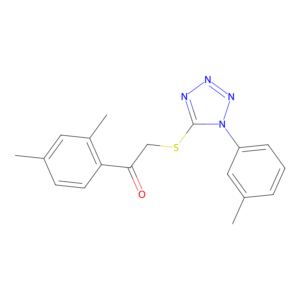 1-(2,4-dimethylphenyl)-2-((1-(m-tolyl)-1H-tetrazol-5-yl)thio)ethanone molecular structure, CAS 326014-69-1