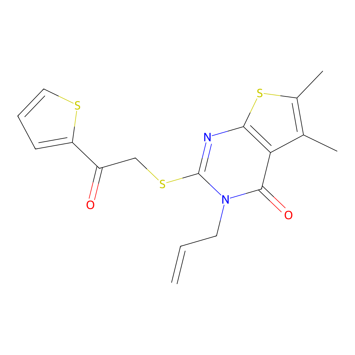 3-allyl-5,6-dimethyl-2-((2-oxo-2-(thiophen-2-yl)ethyl)thio)thieno[2,3-d]pyrimidin-4(3H)-one molecular structure, CAS 326025-42-7