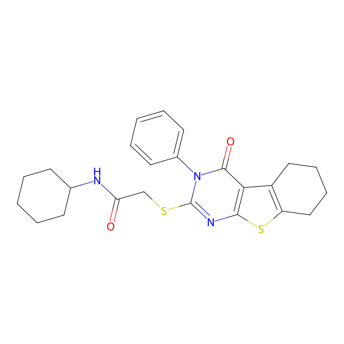 N-cyclohexyl-2-[(4-oxo-3-phenyl-3,4,5,6,7,8-hexahydro[1]benzothieno[2,3-d]pyrimidin-2-yl)sulfanyl]acetamide molecular structure, CAS 326025-82-5