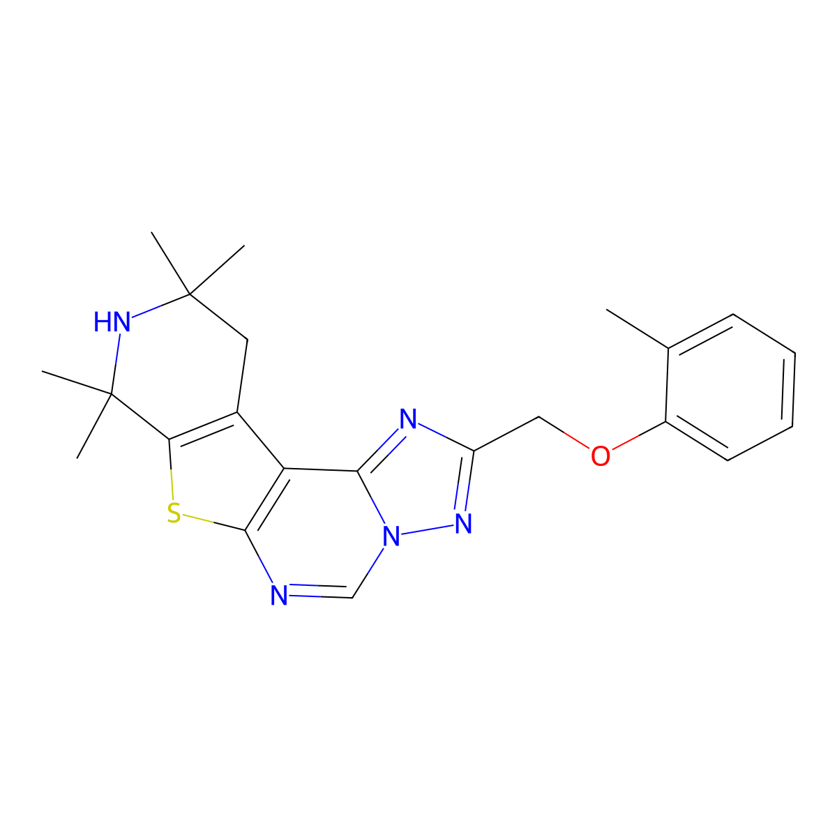 8,8,10,10-Tetramethyl-2-((o-tolyloxy)methyl)-8,9,10,11-tetrahydropyrido[4',3':4,5]thieno[3,2-e][1,2,4]triazolo[1,5-c]pyrimidine molecular structure, CAS 326869-52-7