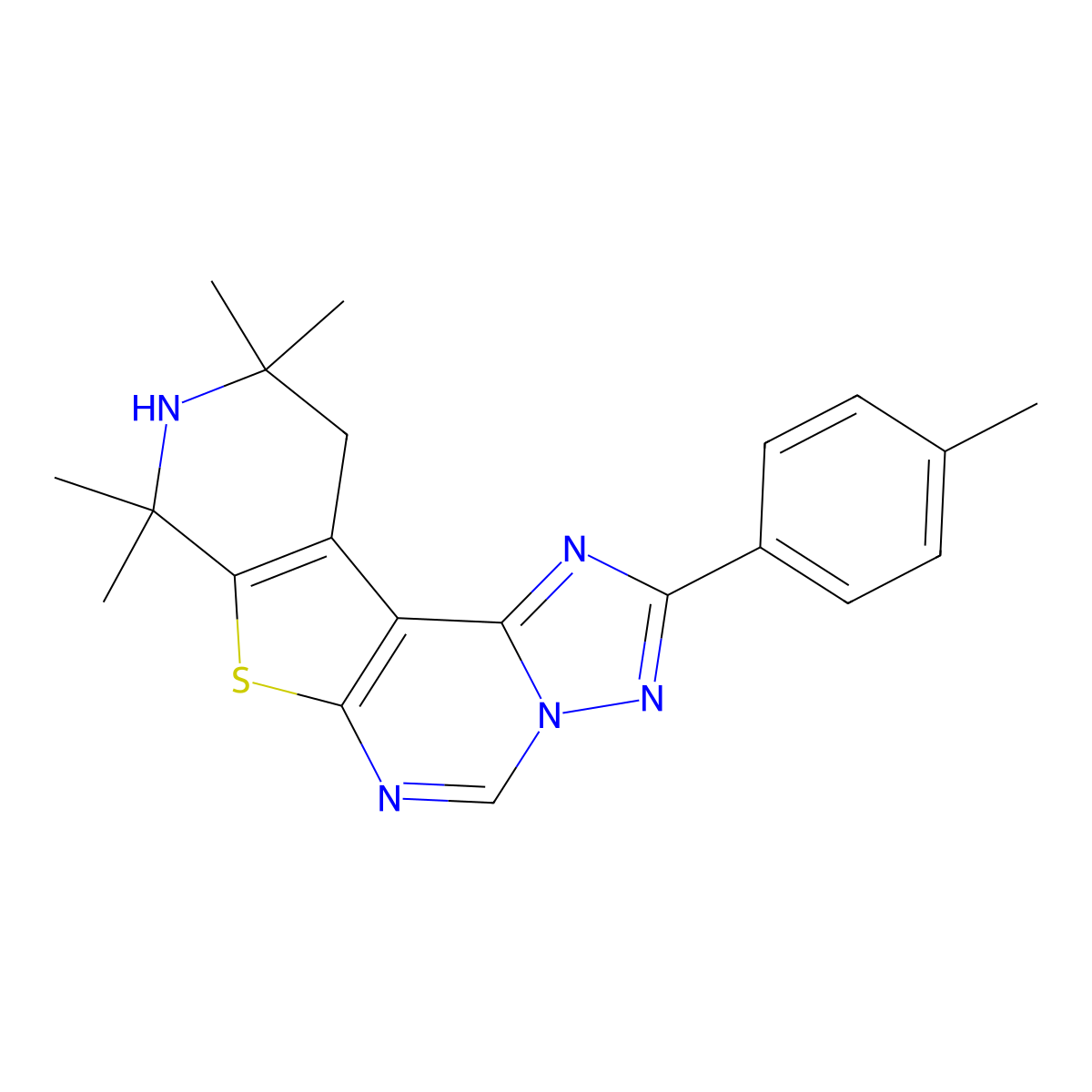 8,8,10,10-Tetramethyl-2-(4-methylphenyl)-8,9,10,11-tetrahydropyrido[4',3':4,5]thieno[3,2-e][1,2,4]triazolo[1,5-c]pyrimidine molecular structure, CAS 326871-28-7