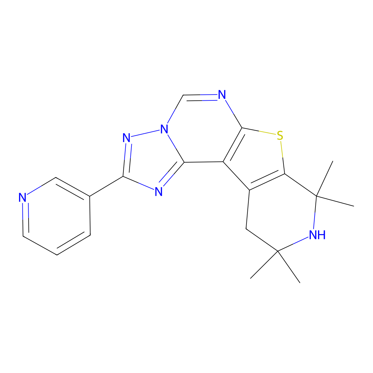 8,8,10,10-Tetramethyl-2-(pyridin-3-yl)-8,9,10,11-tetrahydropyrido[4',3':4,5]thieno[3,2-e][1,2,4]triazolo[1,5-c]pyrimidine molecular structure, CAS 326874-29-7