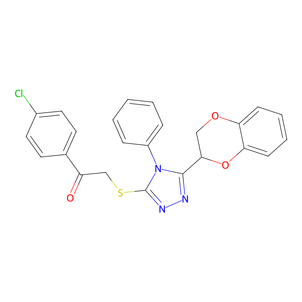 1-(4-chlorophenyl)-2-((5-(2,3-dihydrobenzo[b][1,4]dioxin-2-yl)-4-phenyl-4H-1,2,4-triazol-3-yl)thio)ethanone molecular structure, CAS 326881-85-0