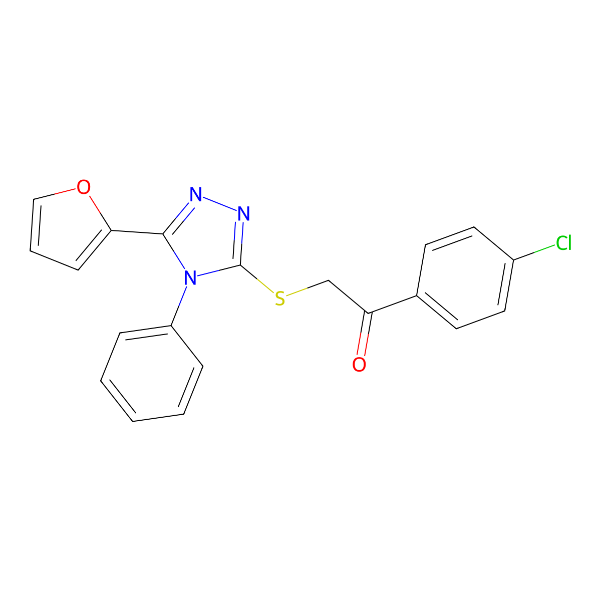1-(4-chlorophenyl)-2-((5-(furan-2-yl)-4-phenyl-4H-1,2,4-triazol-3-yl)thio)ethanone molecular structure, CAS 326881-86-1