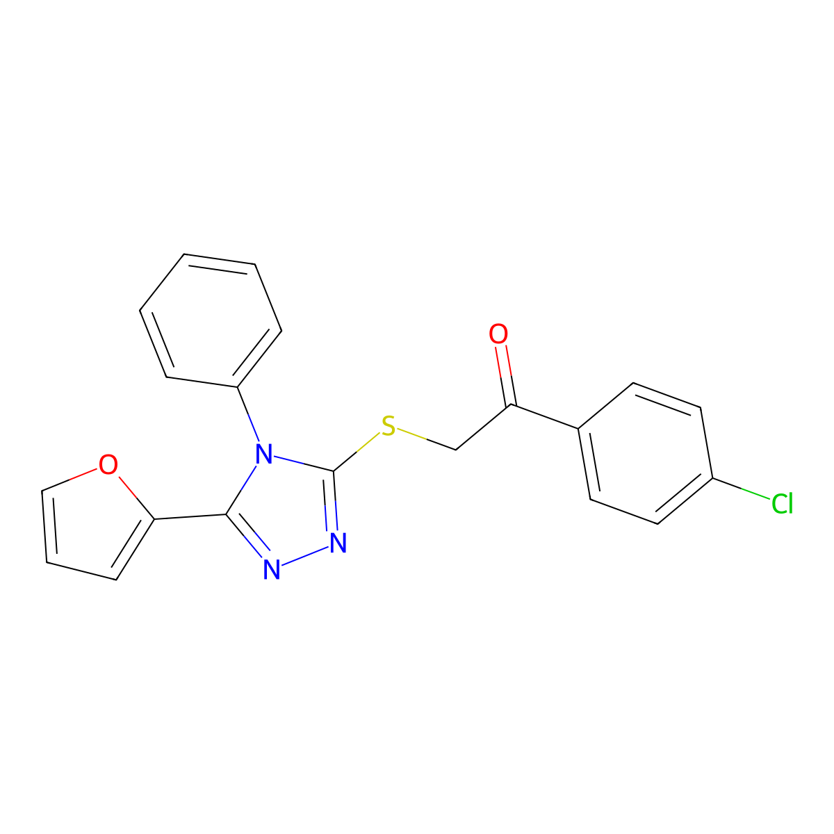 1-(4-chlorophenyl)-2-((5-(furan-2-yl)-4-phenyl-4H-1,2,4-triazol-3-yl)thio)ethanone molecular structure, CAS 326881-86-1