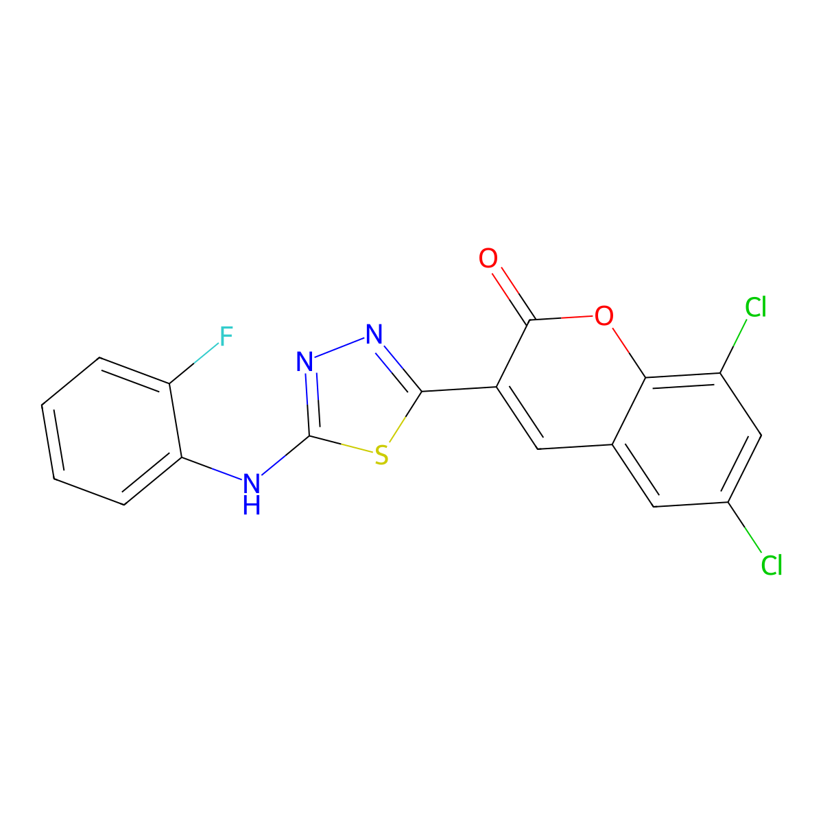 6,8-Dichloro-3-[5-(2-fluoro-phenylamino)-[1,3,4]thiadiazol-2-yl]-chromen-2-one molecular structure, CAS 326913-84-2