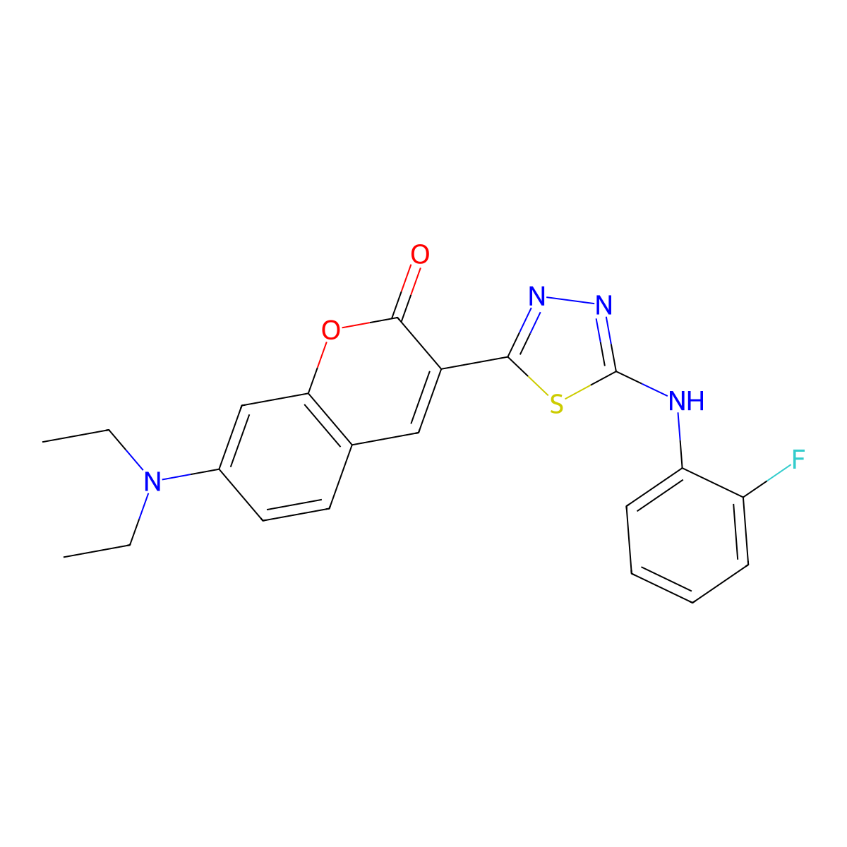 7-(diethylamino)-3-(5-((2-fluorophenyl)amino)-1,3,4-thiadiazol-2-yl)-2H-chromen-2-one molecular structure, CAS 326913-85-3
