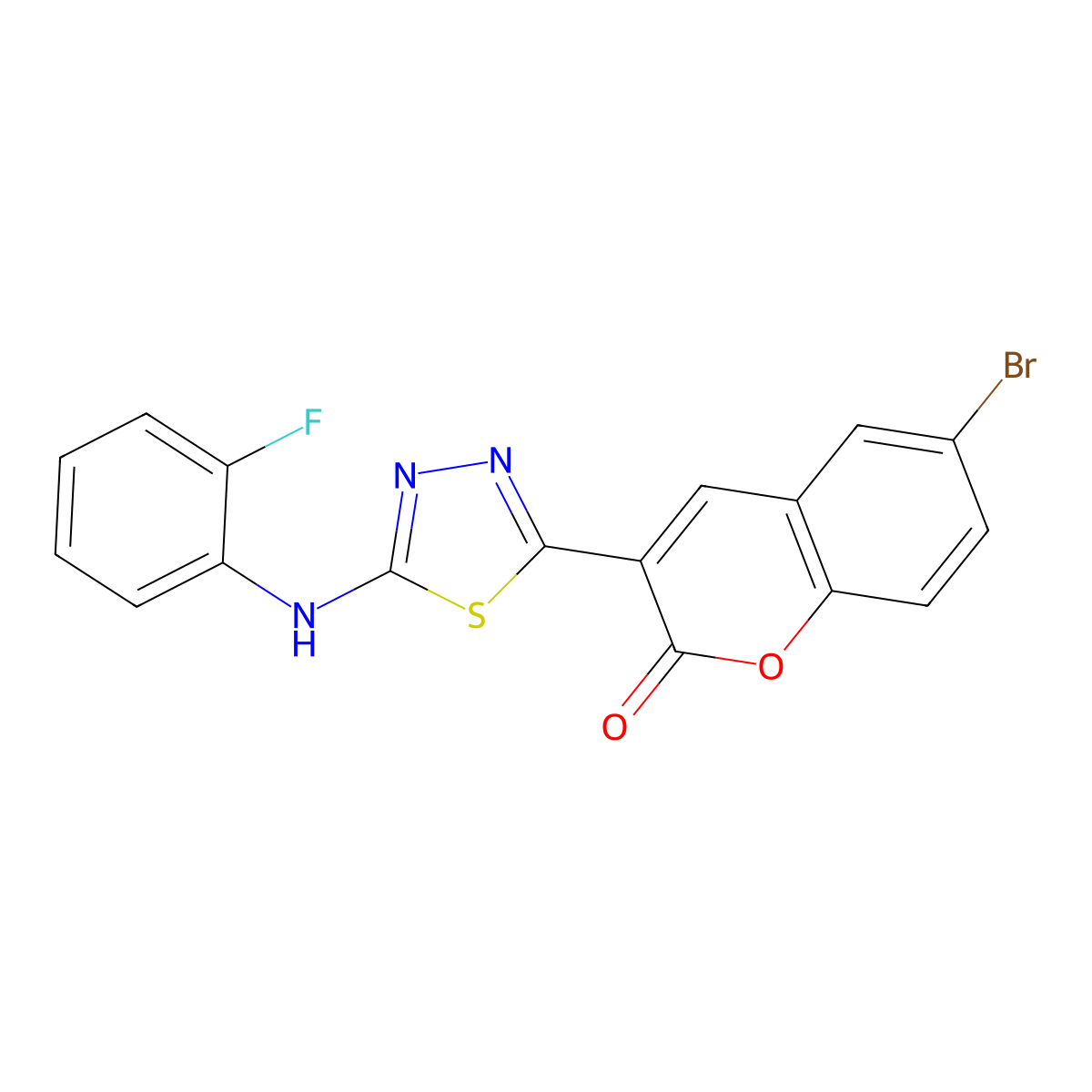6-bromo-3-(5-((2-fluorophenyl)amino)-1,3,4-thiadiazol-2-yl)-2H-chromen-2-one molecular structure, CAS 326913-86-4
