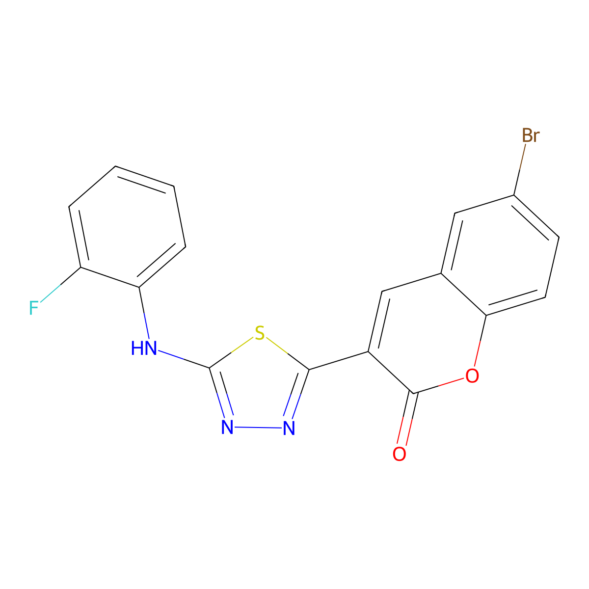 6-bromo-3-(5-((2-fluorophenyl)amino)-1,3,4-thiadiazol-2-yl)-2H-chromen-2-one molecular structure, CAS 326913-86-4