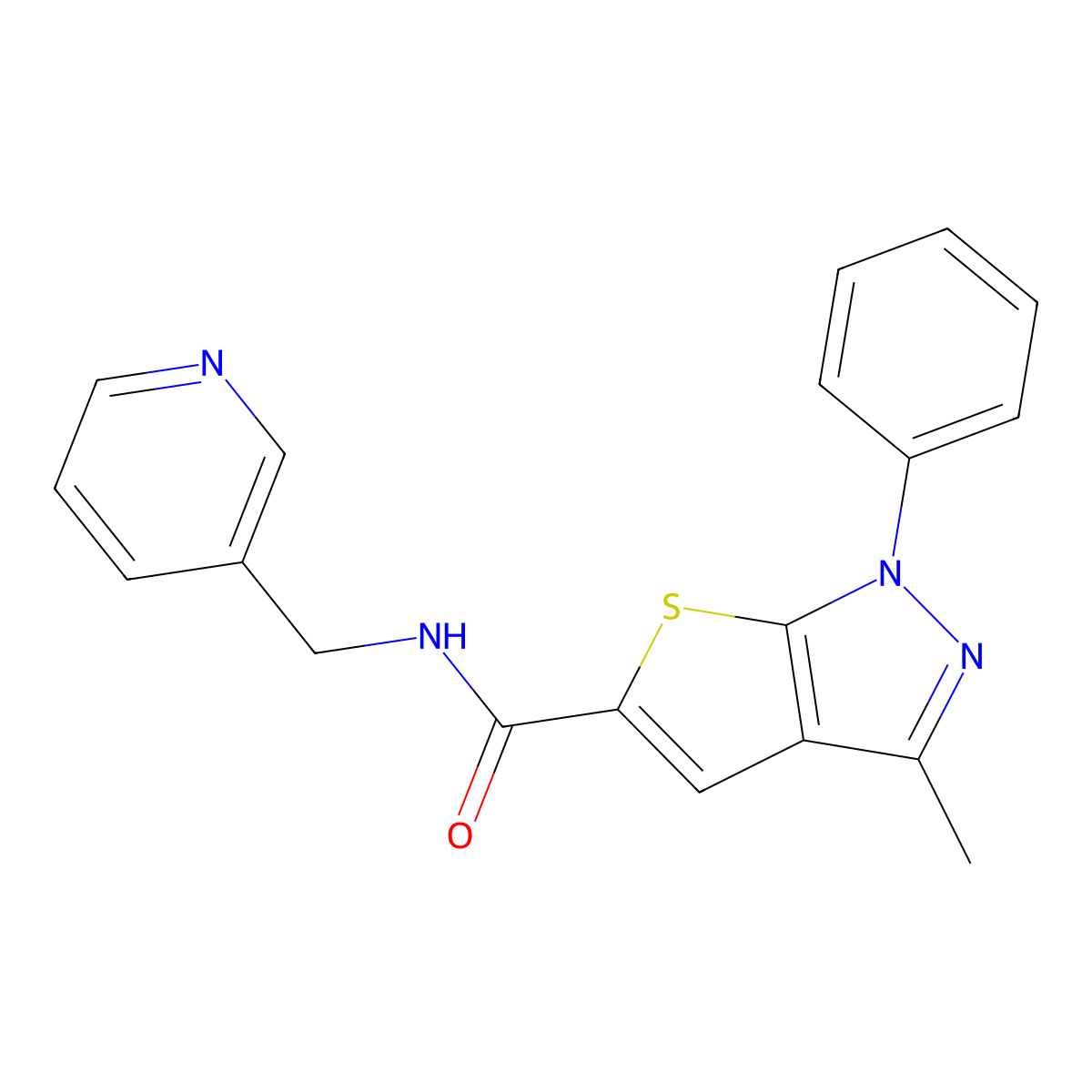 3-methyl-1-phenyl-N-(pyridin-3-ylmethyl)-1H-thieno[2,3-c]pyrazole-5-carboxamide molecular structure, CAS 326915-93-9