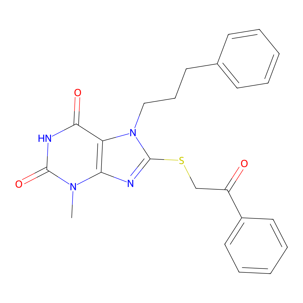 3-methyl-8-[(2-oxo-2-phenylethyl)sulfanyl]-7-(3-phenylpropyl)-3,7-dihydro-1H-purine-2,6-dione molecular structure, CAS 326918-87-0