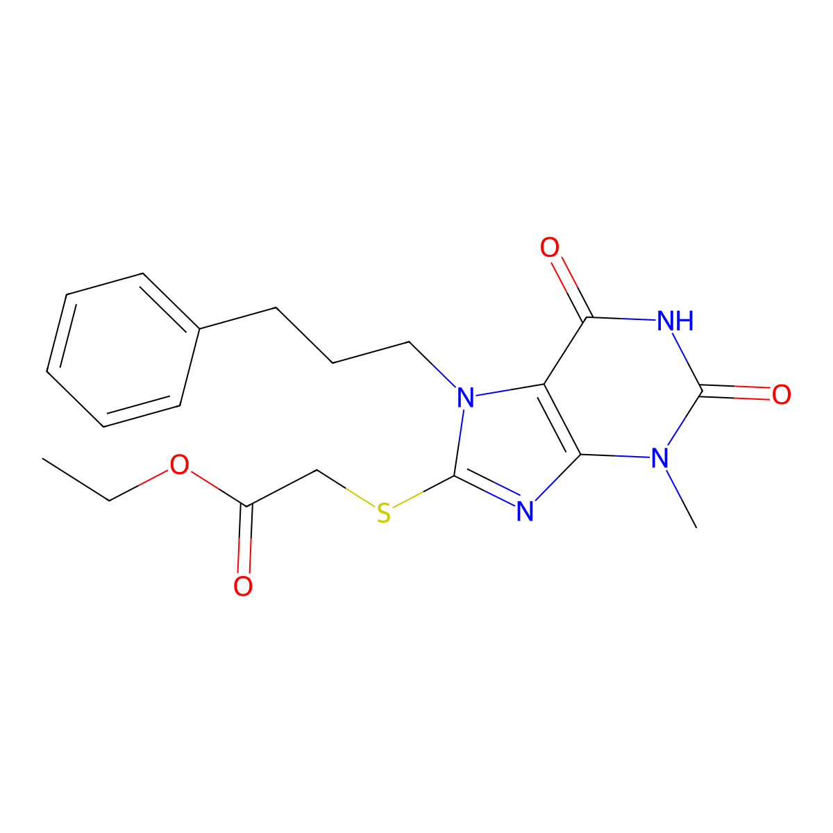 Ethyl 2-[3-methyl-2,6-dioxo-7-(3-phenylpropyl)purin-8-yl]sulfanylacetate molecular structure, CAS 326918-89-2