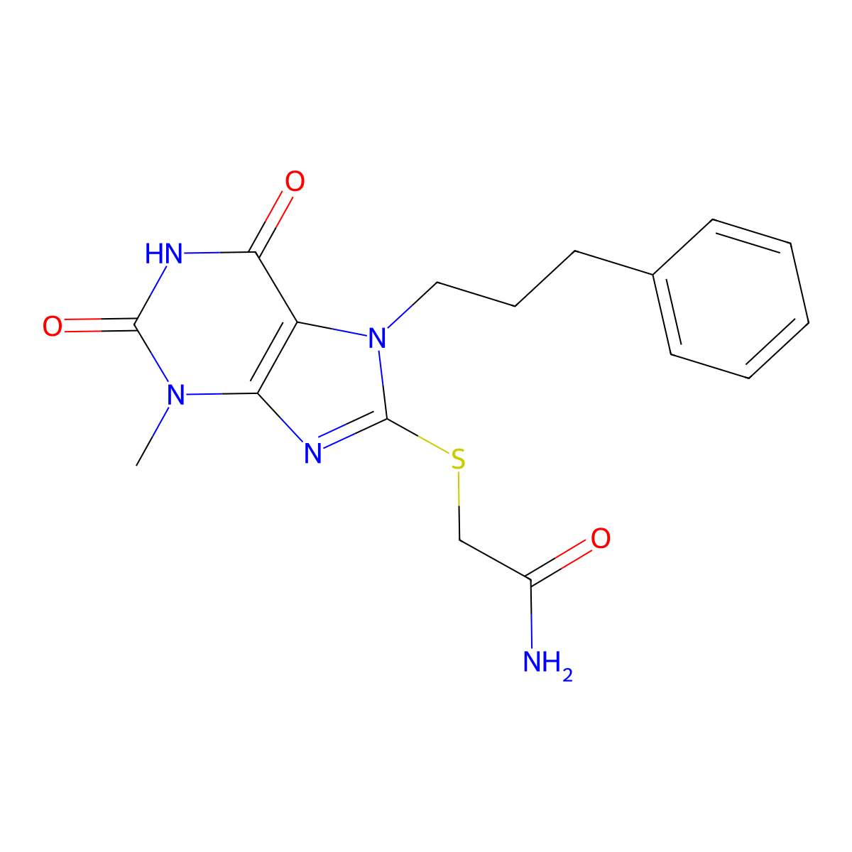 2-((3-methyl-2,6-dioxo-7-(3-phenylpropyl)-2,3,6,7-tetrahydro-1H-purin-8-yl)thio)acetamide molecular structure, CAS 326918-90-5