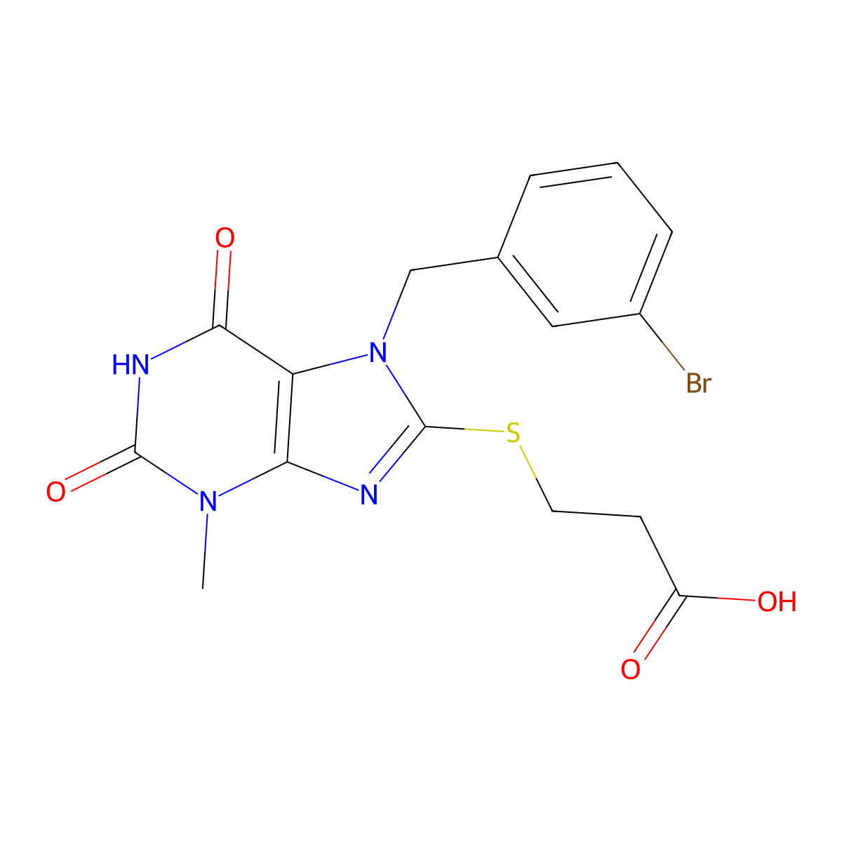 3-[7-[(3-Bromophenyl)methyl]-3-methyl-2,6-dioxopurin-8-yl]sulfanylpropanoic acid molecular structure, CAS 326918-97-2