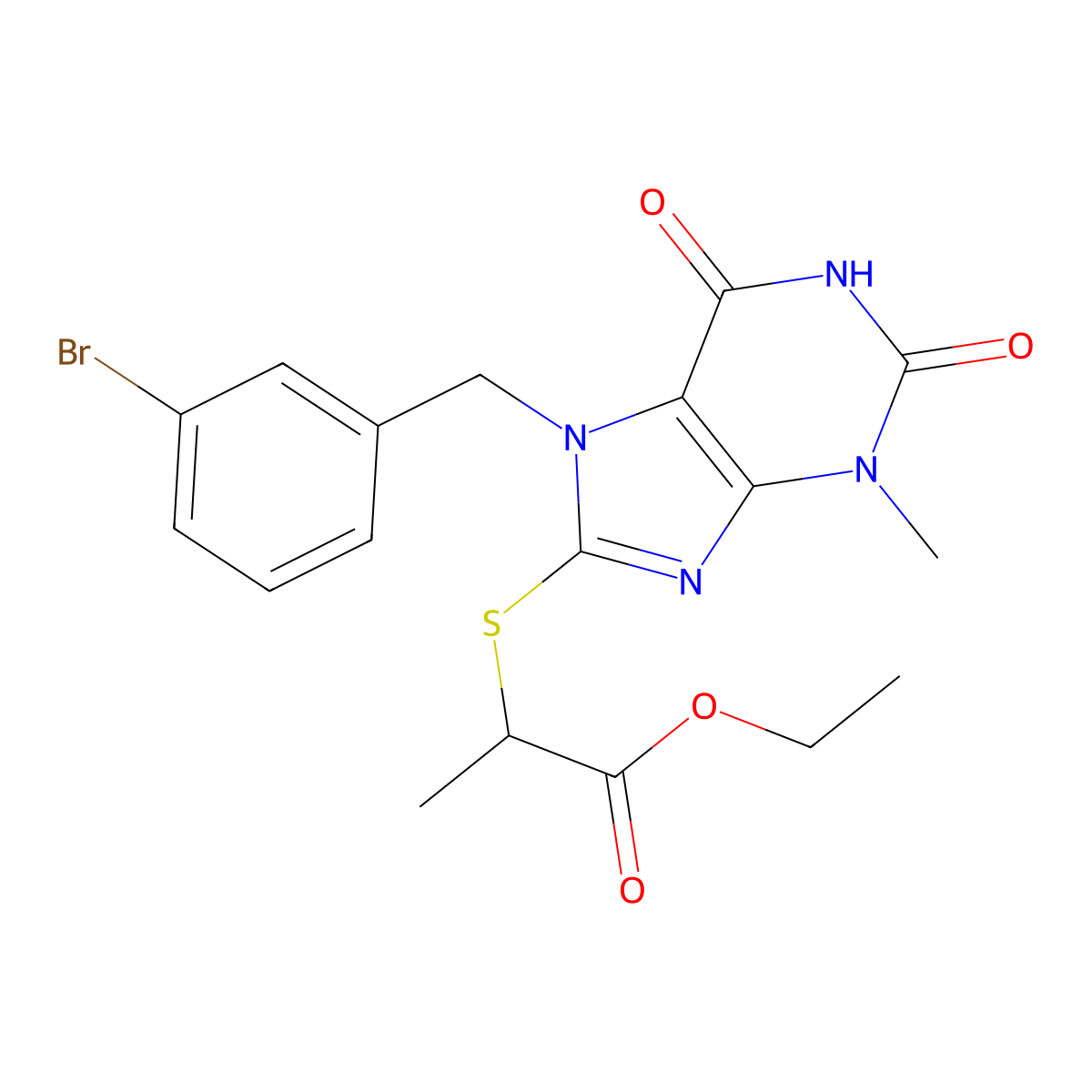 ethyl 2-{[7-(3-bromobenzyl)-3-methyl-2,6-dioxo-2,3,6,7-tetrahydro-1H-purin-8-yl]sulfanyl}propanoate molecular structure, CAS 326918-99-4