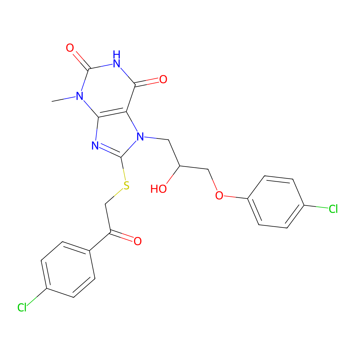 7-(3-(4-chlorophenoxy)-2-hydroxypropyl)-8-((2-(4-chlorophenyl)-2-oxoethyl)thio)-3-methyl-1H-purine-2,6(3H,7H)-dione molecular structure, CAS 326919-06-6