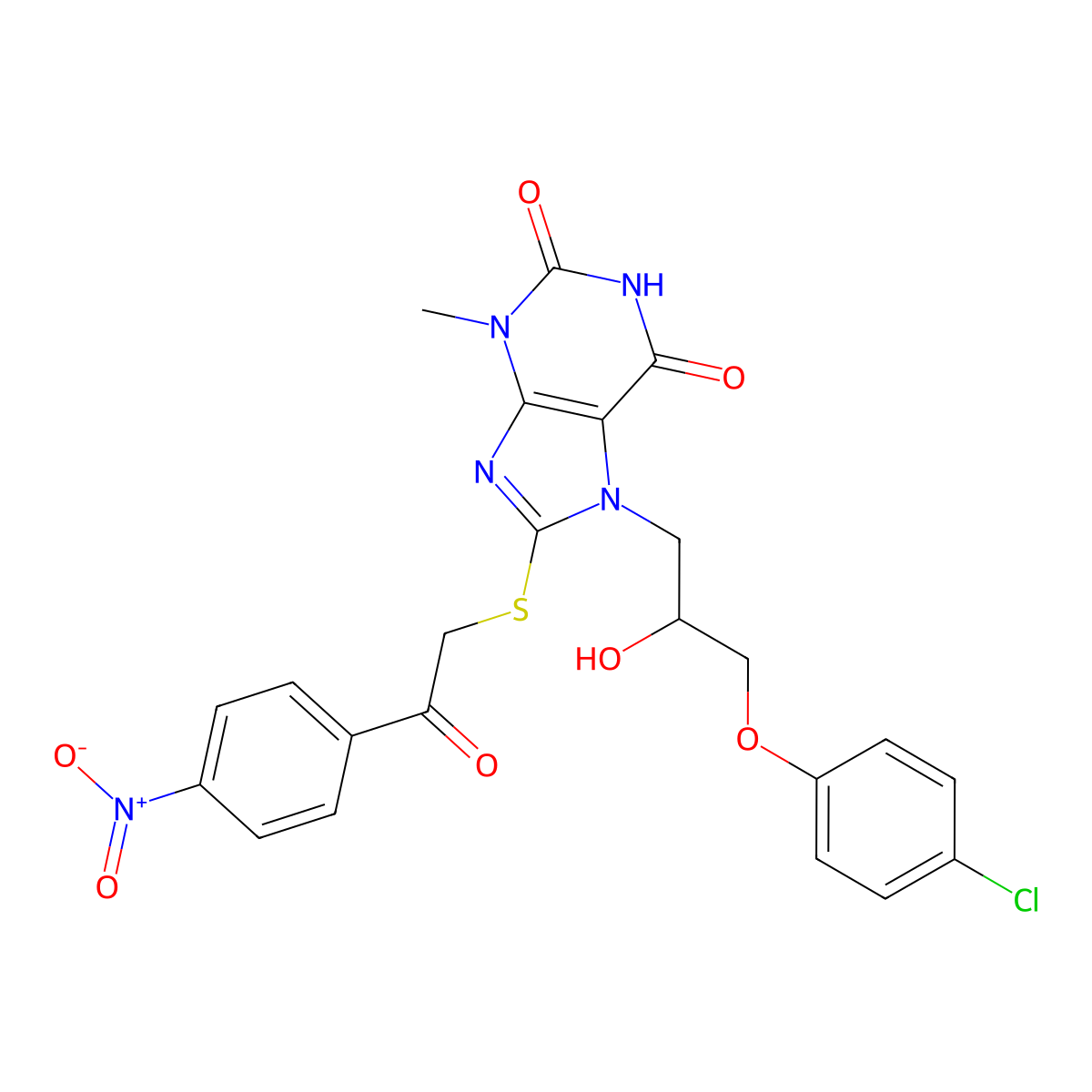 7-[3-(4-Chlorophenoxy)-2-hydroxypropyl]-3-methyl-8-[2-(4-nitrophenyl)-2-oxoethyl]sulfanylpurine-2,6-dione molecular structure, CAS 326919-07-7