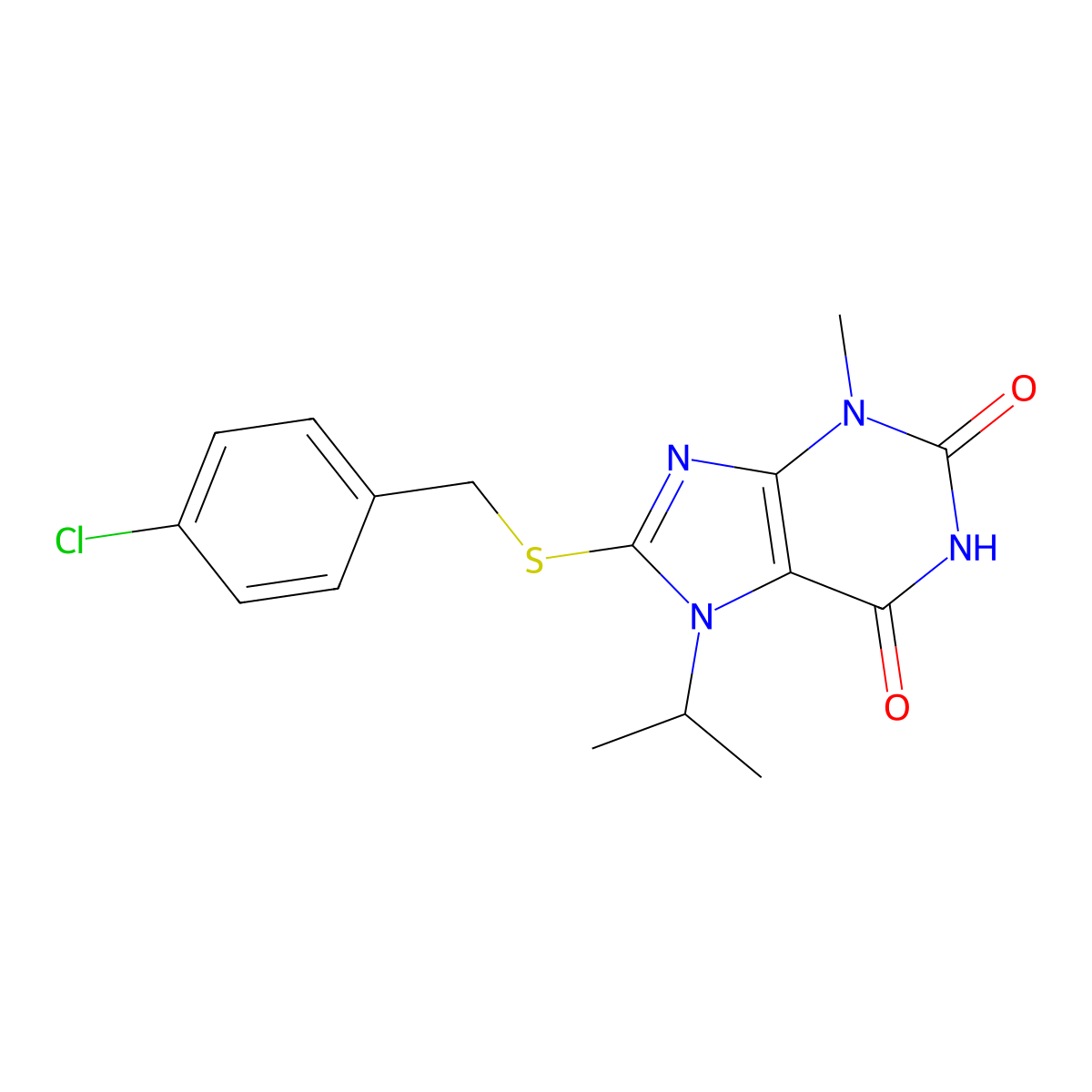 8-(4-Chloro-benzylsulfanyl)-7-isopropyl-3-methyl-3,7-dihydro-purine-2,6-dione molecular structure, CAS 326919-15-7