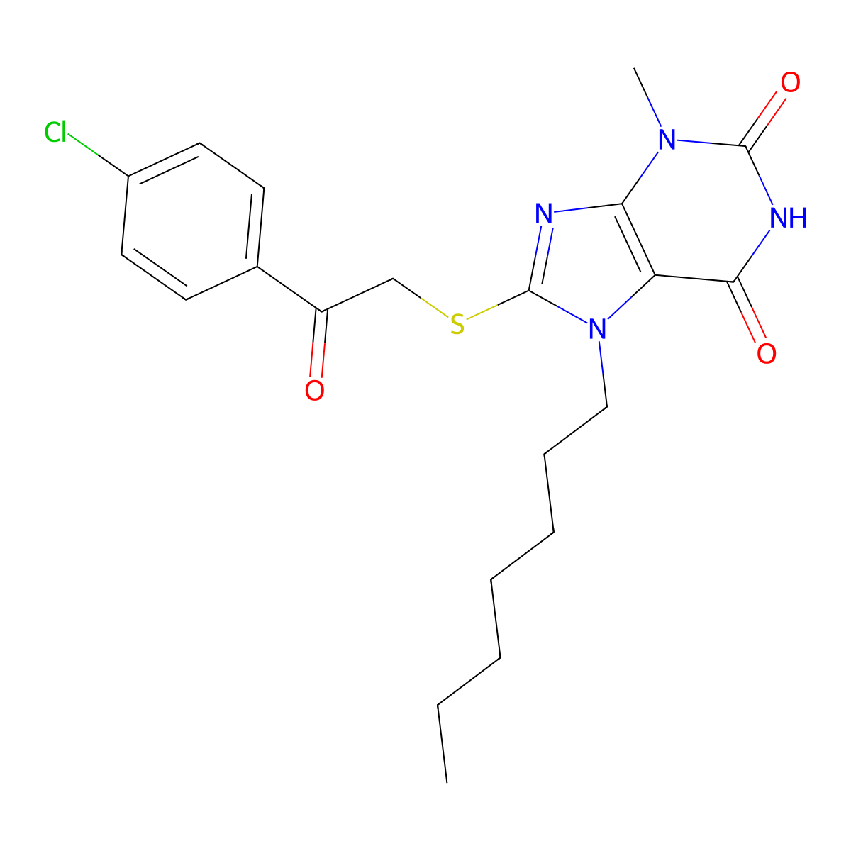 8-((2-(4-chlorophenyl)-2-oxoethyl)thio)-7-heptyl-3-methyl-1H-purine-2,6(3H,7H)-dione molecular structure, CAS 326919-34-0
