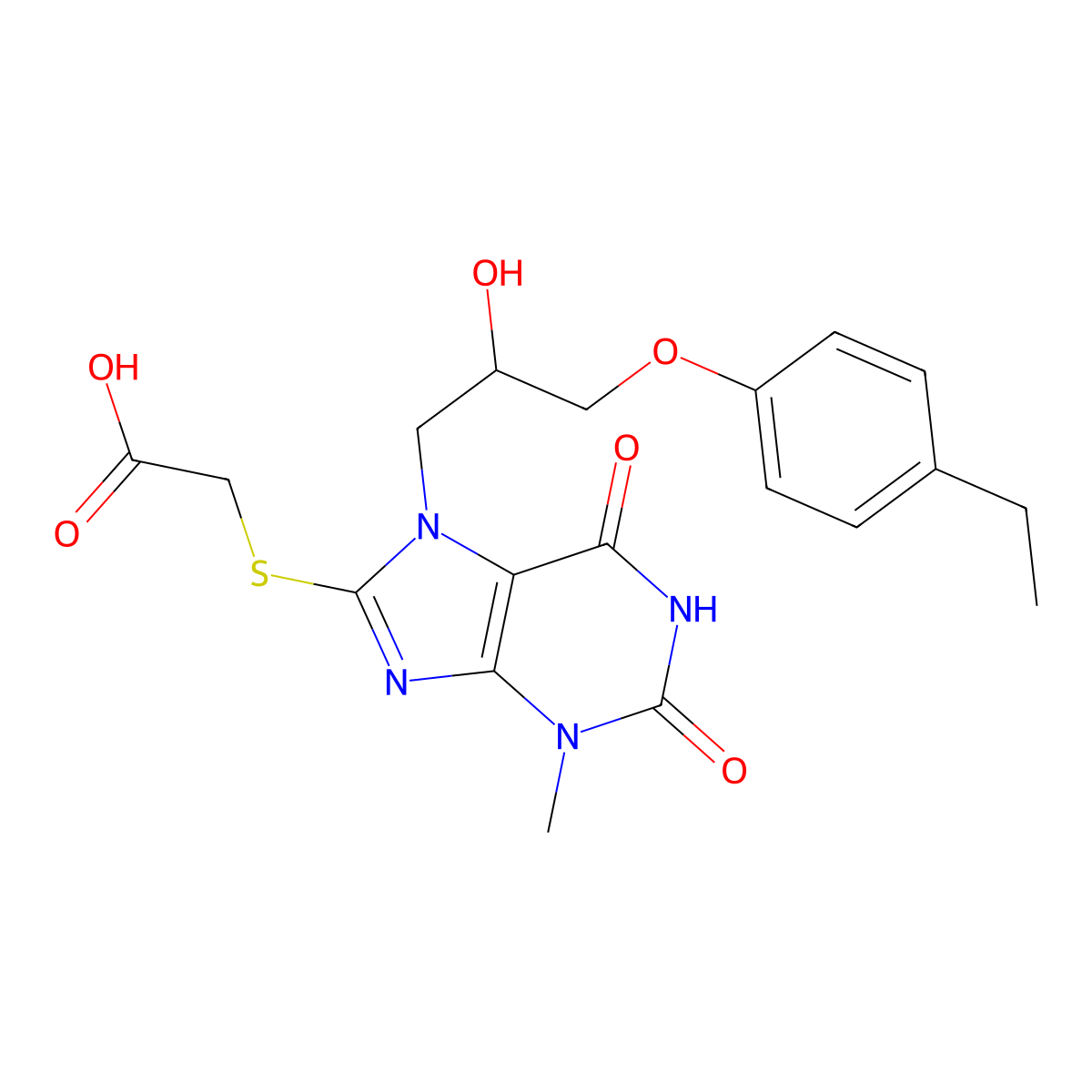 2-[7-[3-(4-Ethylphenoxy)-2-hydroxypropyl]-3-methyl-2,6-dioxopurin-8-yl]sulfanylacetic acid molecular structure, CAS 326919-37-3