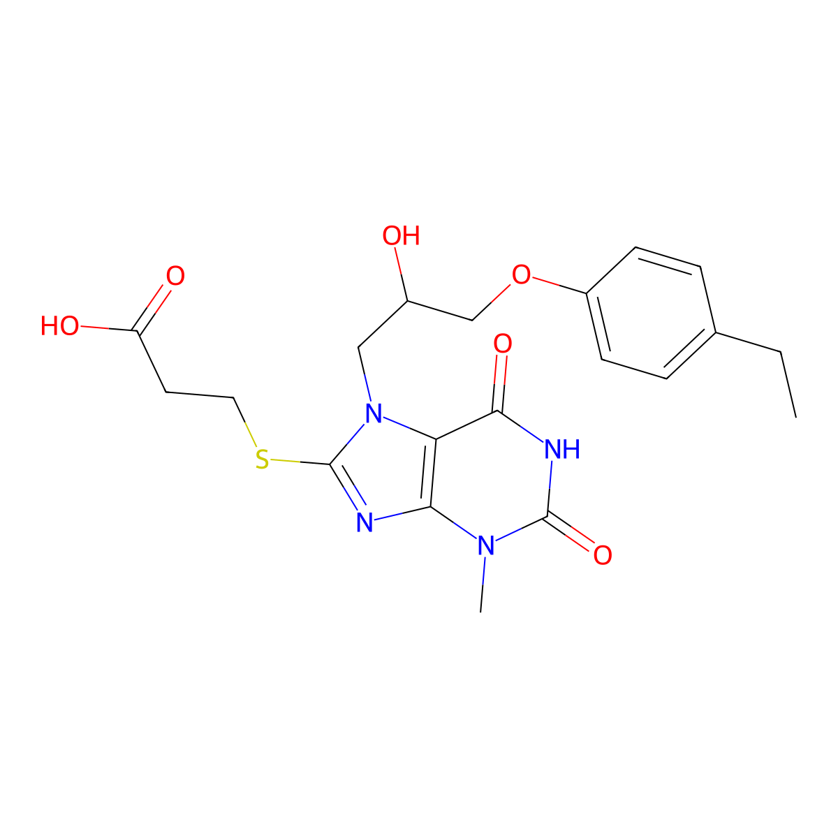 3-[7-[3-(4-Ethylphenoxy)-2-hydroxypropyl]-3-methyl-2,6-dioxopurin-8-yl]sulfanylpropanoic acid molecular structure, CAS 326919-38-4