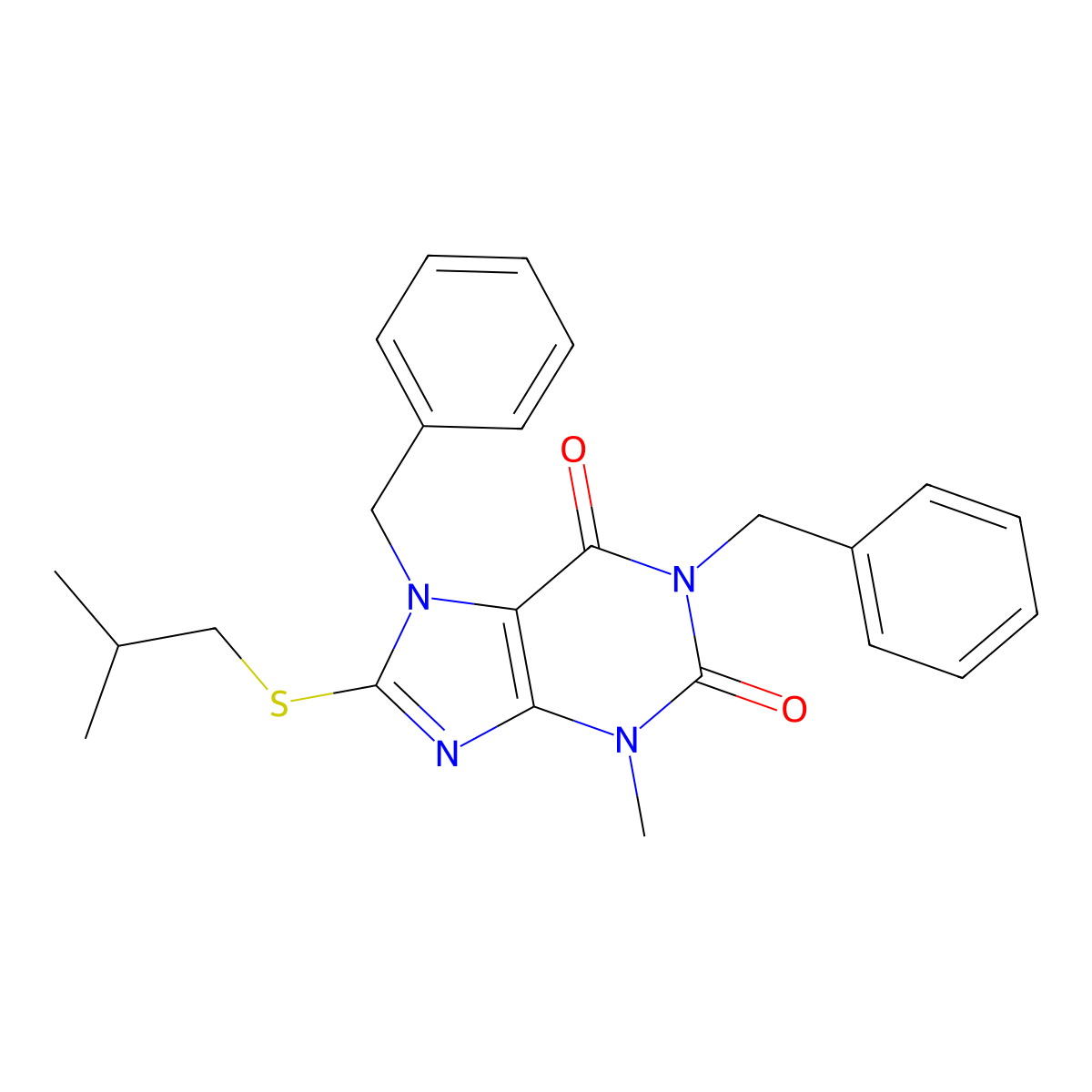 1,7-dibenzyl-3-methyl-8-[(2-methylpropyl)sulfanyl]-2,3,6,7-tetrahydro-1H-purine-2,6-dione molecular structure, CAS 326919-43-1