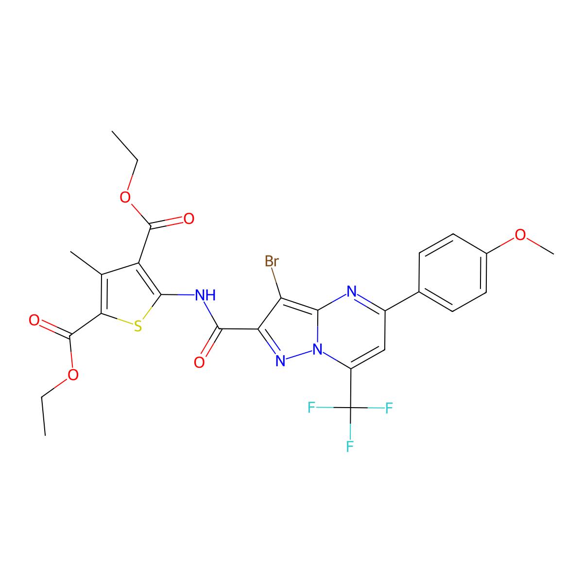 Diethyl 5-({[3-bromo-5-(4-methoxyphenyl)-7-(trifluoromethyl)pyrazolo[1,5-a]pyrimidin-2-yl]carbonyl}amino)-3-methyl-2,4-thiophenedicarboxylate molecular structure, CAS 326921-33-9