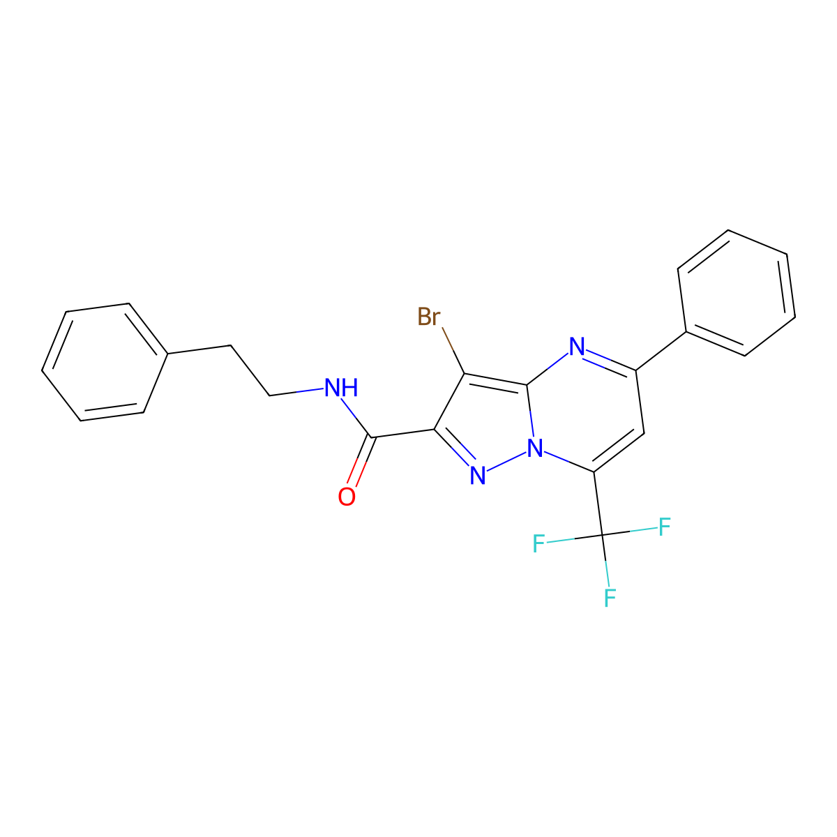 3-bromo-5-phenyl-N-(2-phenylethyl)-7-(trifluoromethyl)pyrazolo[1,5-a]pyrimidine-2-carboxamide molecular structure, CAS 326922-75-2