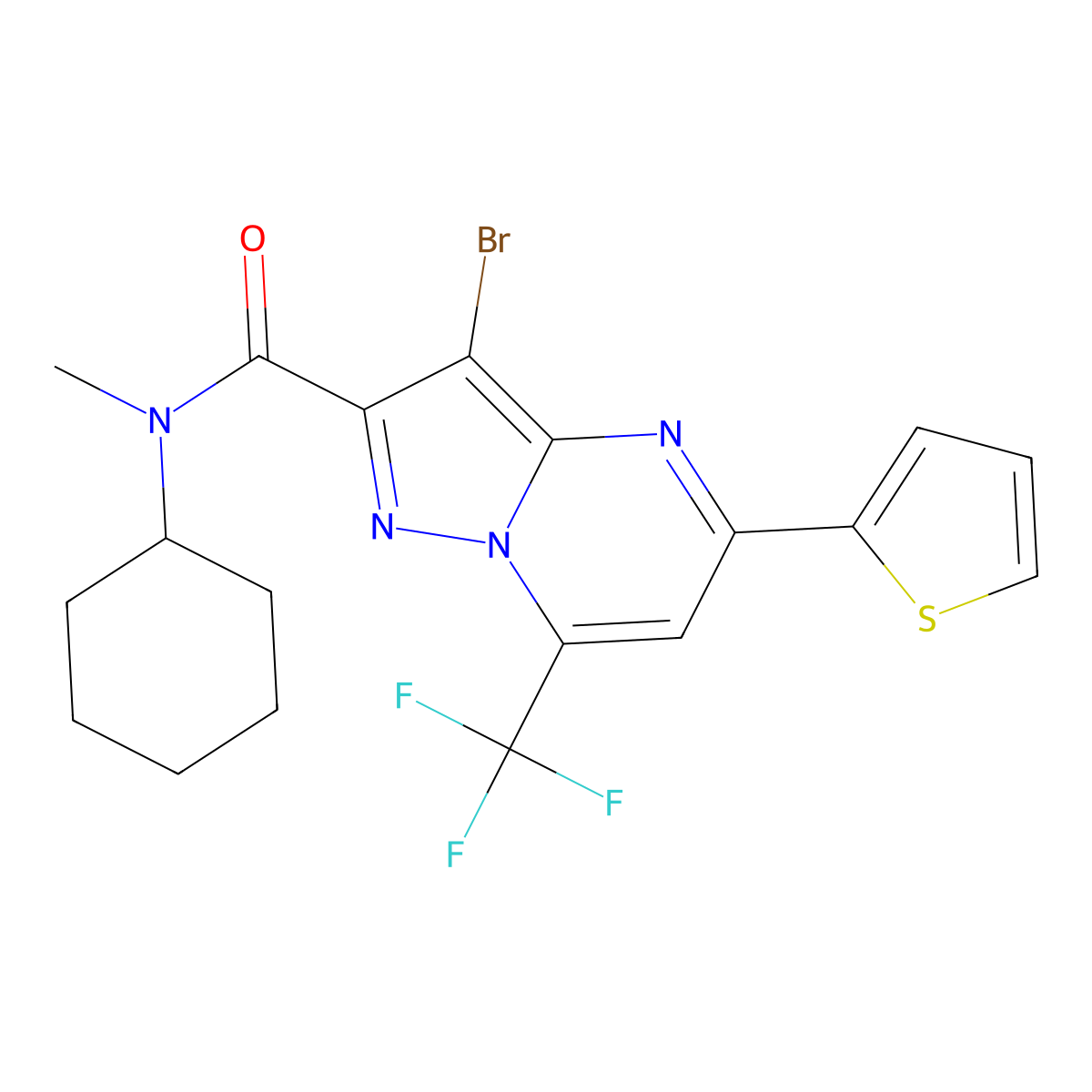 3-bromo-N-cyclohexyl-N-methyl-5-(thiophen-2-yl)-7-(trifluoromethyl)pyrazolo[1,5-a]pyrimidine-2-carboxamide molecular structure, CAS 326922-83-2