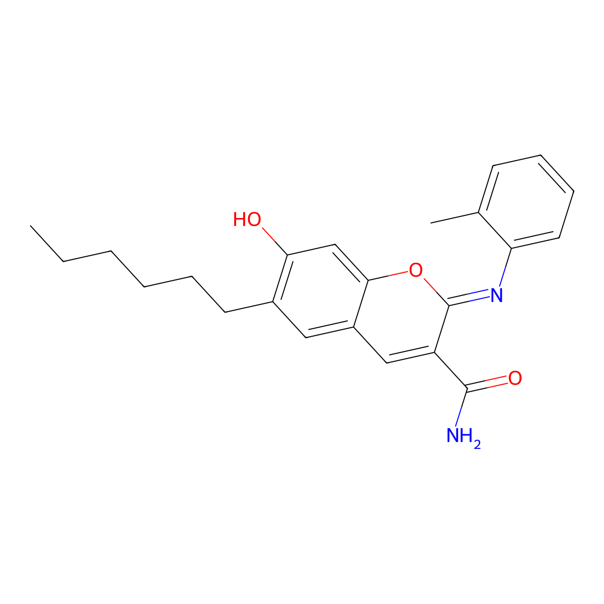 (2Z)-6-hexyl-7-hydroxy-2-[(2-methylphenyl)imino]-2H-chromene-3-carboxamide molecular structure, CAS 327030-68-2