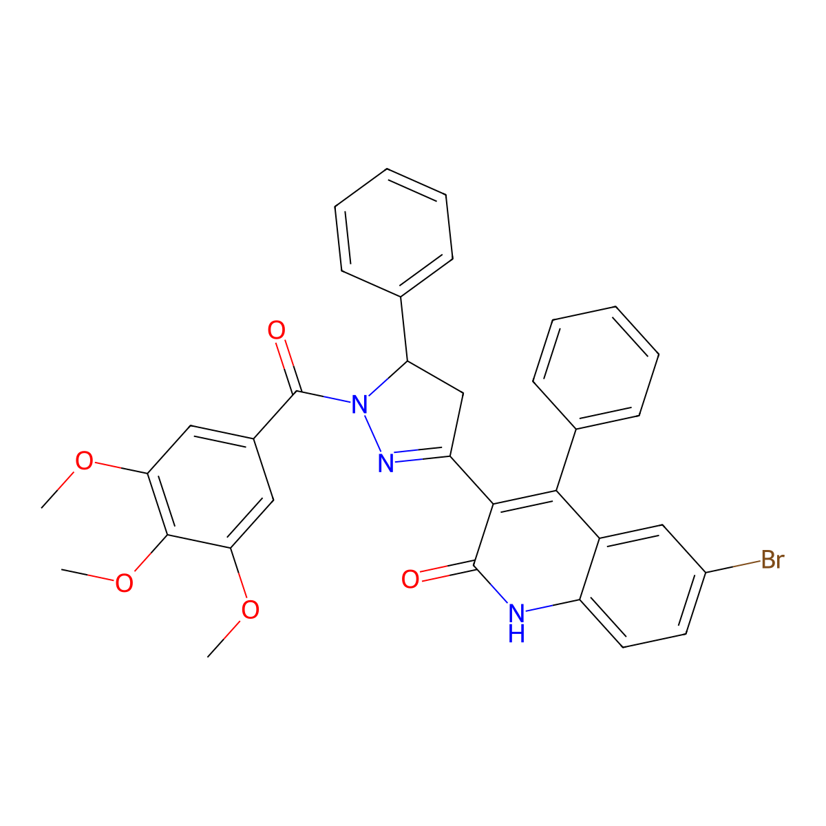 6-bromo-4-phenyl-3-(5-phenyl-1-(3,4,5-trimethoxybenzoyl)-4,5-dihydro-1H-pyrazol-3-yl)quinolin-2(1H)-one molecular structure, CAS 327039-15-6