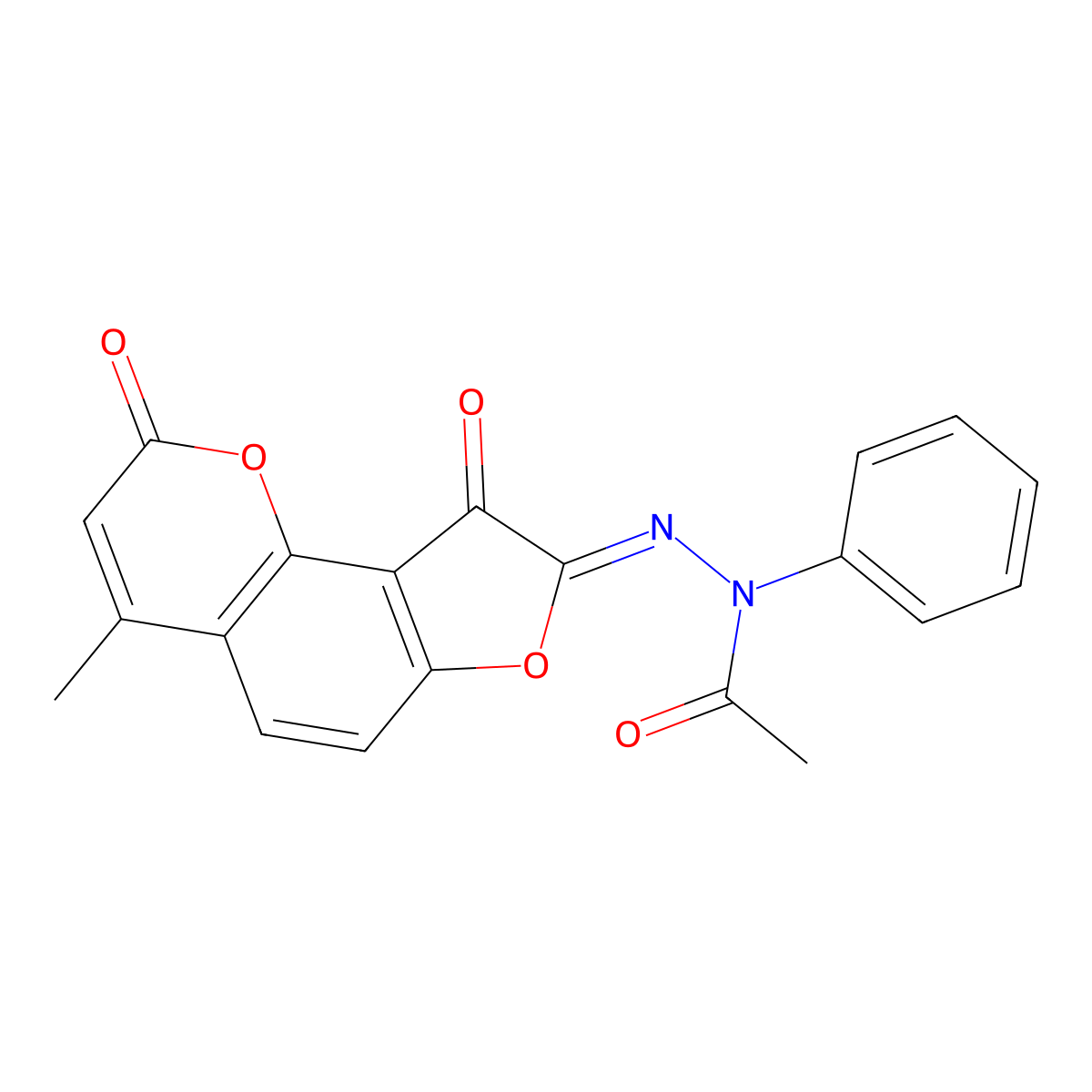 Acetic acid, 2-(4-methyl-2,9-dioxo-2H-furo[2,3-h]-1-benzopyran-8(9H)-ylidene)-1-phenylhydrazide molecular structure, CAS 327043-29-8