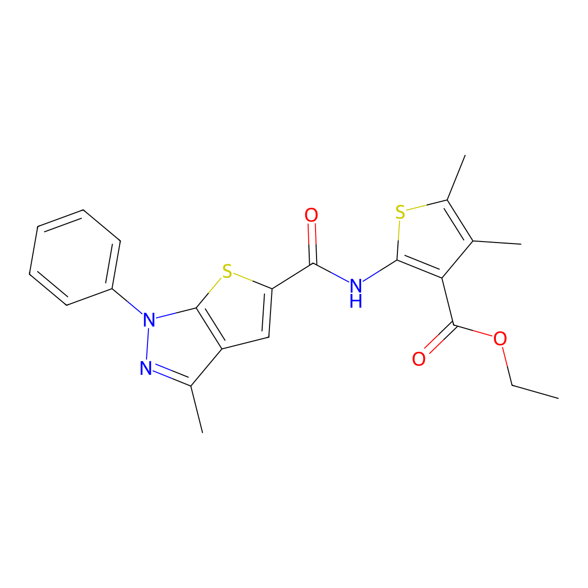 Ethyl 4,5-dimethyl-2-[(3-methyl-1-phenylthieno[2,3-c]pyrazole-5-carbonyl)amino]thiophene-3-carboxylate molecular structure, CAS 327049-58-1
