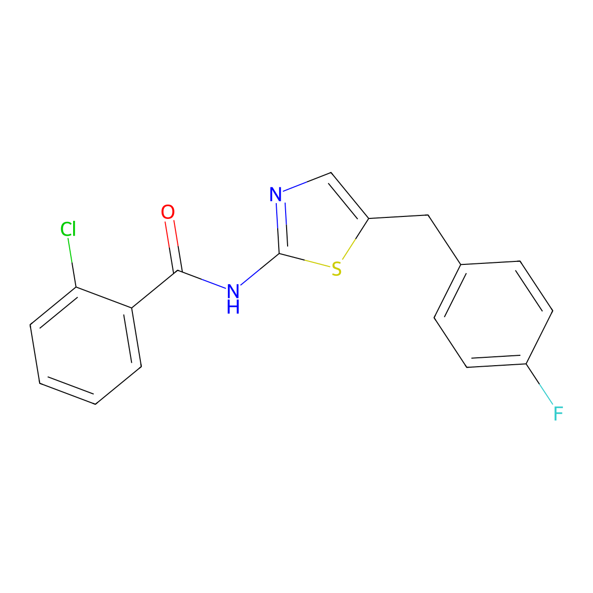 2-chloro-N-(5-(4-fluorobenzyl)thiazol-2-yl)benzamide molecular structure, CAS 327061-99-4