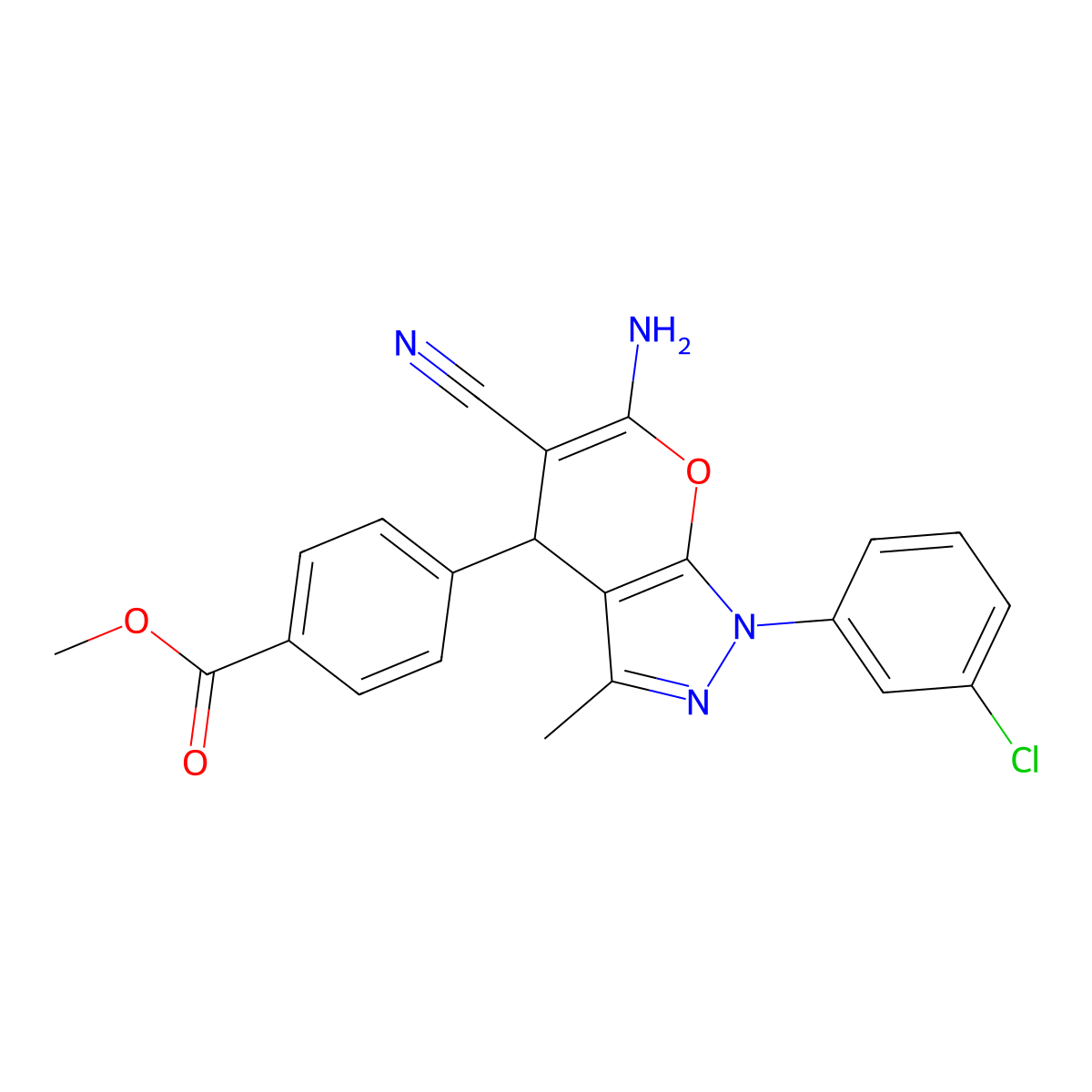Methyl 4-[6-amino-1-(3-chlorophenyl)-5-cyano-3-methyl-1,4-dihydropyrano[2,3-c]pyrazol-4-yl]benzoate molecular structure, CAS 327067-26-5