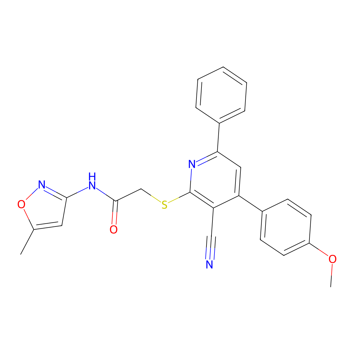 2-[3-cyano-4-(4-methoxyphenyl)-6-phenylpyridin-2-yl]sulfanyl-N-(5-methyl-1,2-oxazol-3-yl)acetamide molecular structure, CAS 327067-28-7