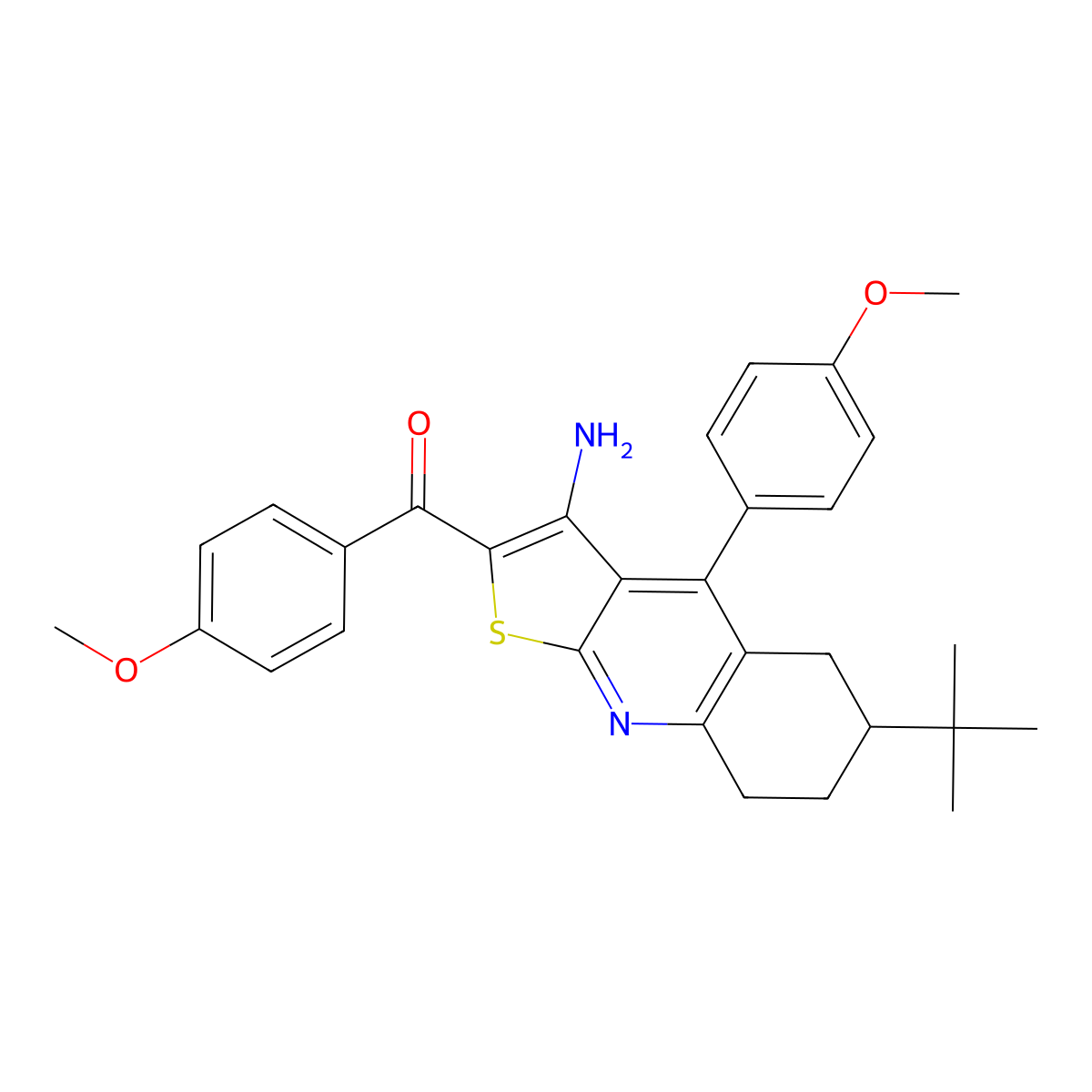 (3-Amino-6-(tert-butyl)-4-(4-methoxyphenyl)-5,6,7,8-tetrahydrothieno[2,3-b]quinolin-2-yl)(4-methoxyphenyl)methanone molecular structure, CAS 327067-34-5