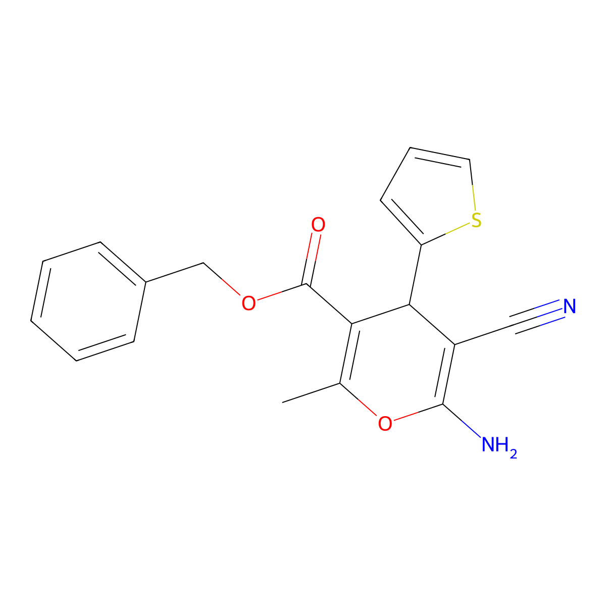 benzyl 6-amino-5-cyano-2-methyl-4-(thiophen-2-yl)-4H-pyran-3-carboxylate molecular structure, CAS 327068-32-6